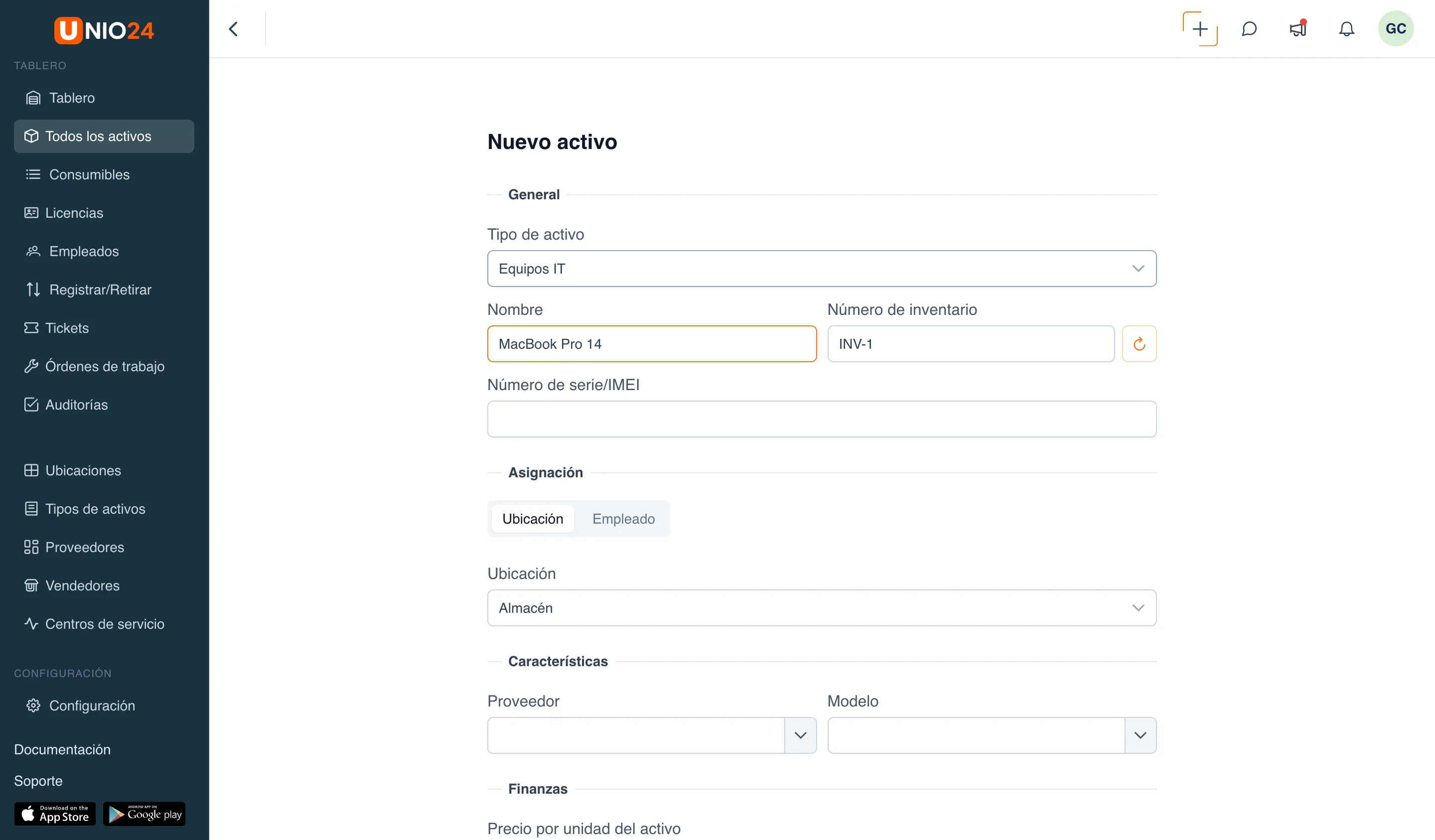 Formulario «Nuevo activo»: bloque «General» con el «Tipo de activo» seleccionado, el «Nombre» y el «Número de inventario» completados con el botón de actualización, y el bloque «Asignar» con el selector «Ubicación / Empleado»