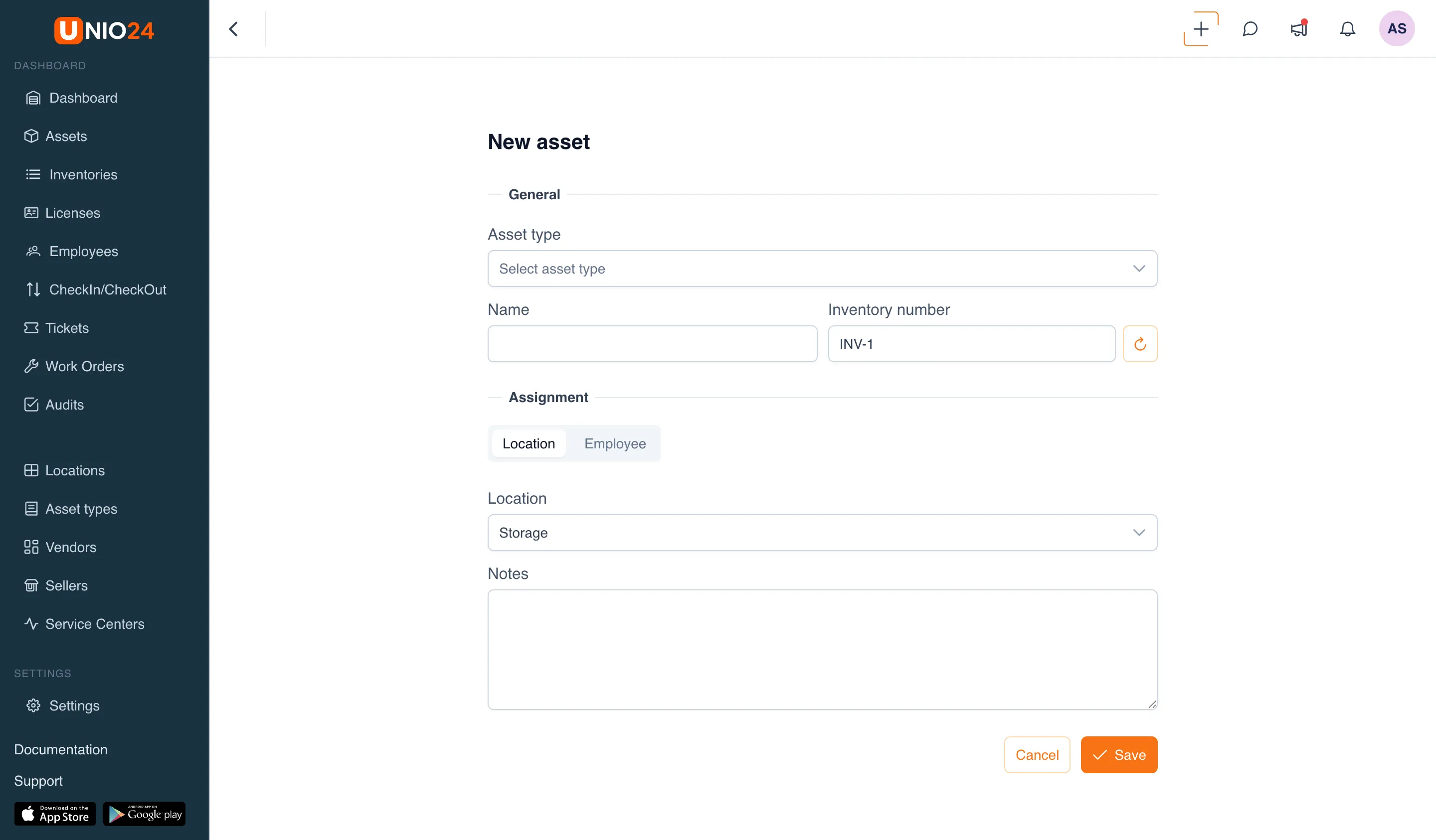 The "New asset" form: the "General" block with "Asset type" selected, "Name" and "Inventory number" filled in with a refresh button, and the "Assign" block with a "Location / Employee" switch