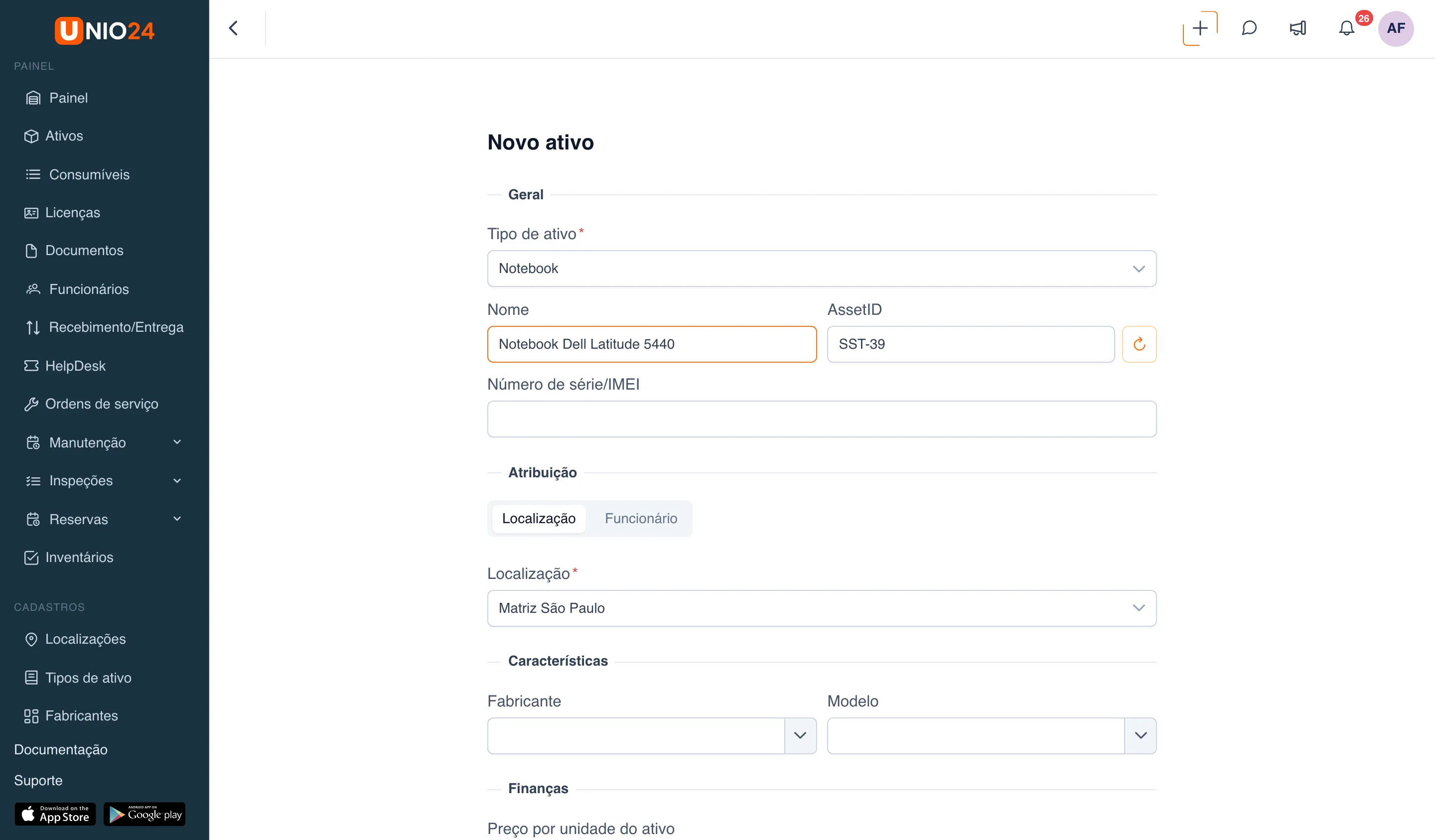 Formulário “Novo ativo”: bloco “Geral” com o “Tipo de ativo” Notebook selecionado, o “Nome” preenchido e o “AssetID” com o botão de atualizar, e bloco “Atribuição” com o seletor “Localização / Funcionário” e a localização “Matriz São Paulo”