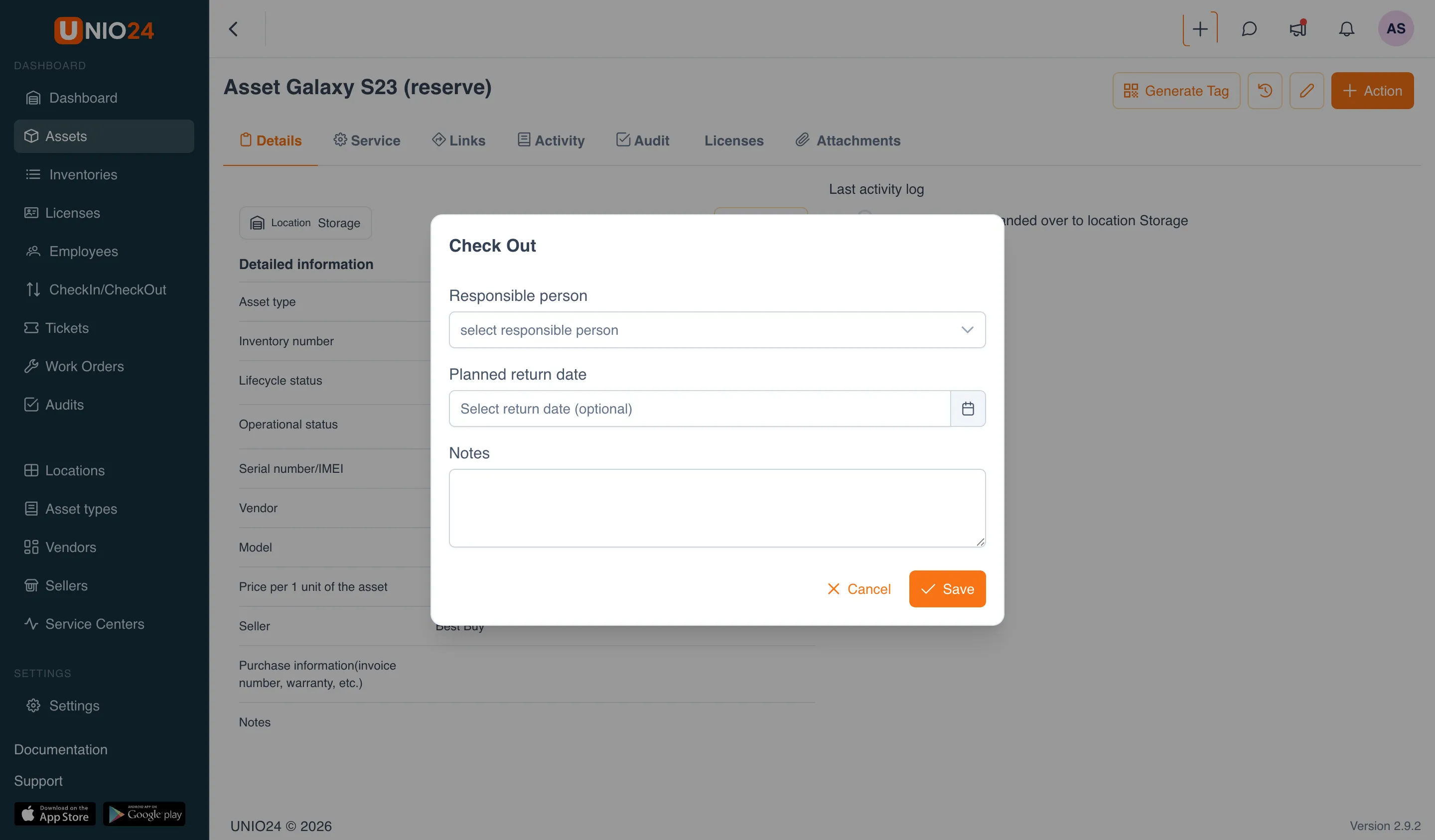 The "Check Out" modal with the "Responsible person" field filled in (Alexey Ivanov), and the "Planned return date" and "Notes" fields