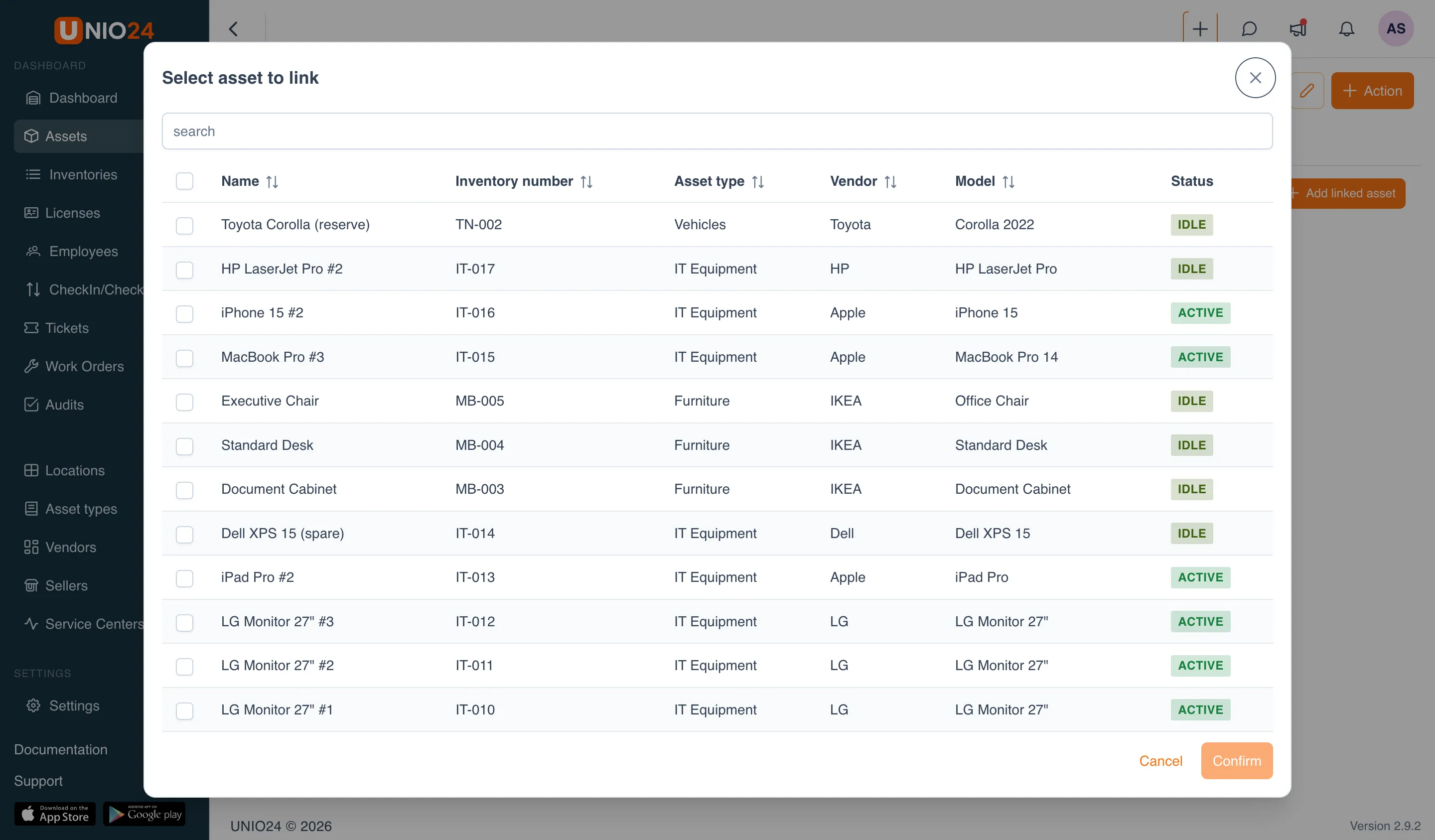 The "Links" tab with the "Add linked asset" button and an open "Select asset to link" window with a search box, an asset table, and checkboxes