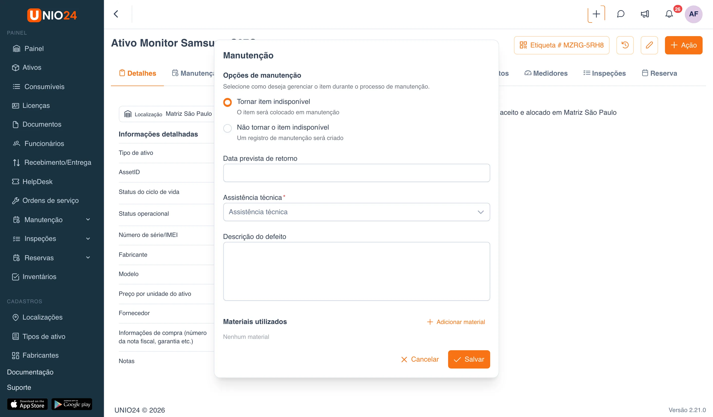 Janela “Manutenção” com o bloco “Opções de manutenção” (opções “Tornar item indisponível” e “Não tornar o item indisponível”), os campos “Data prevista de retorno”, “Assistência técnica” e “Descrição do defeito”