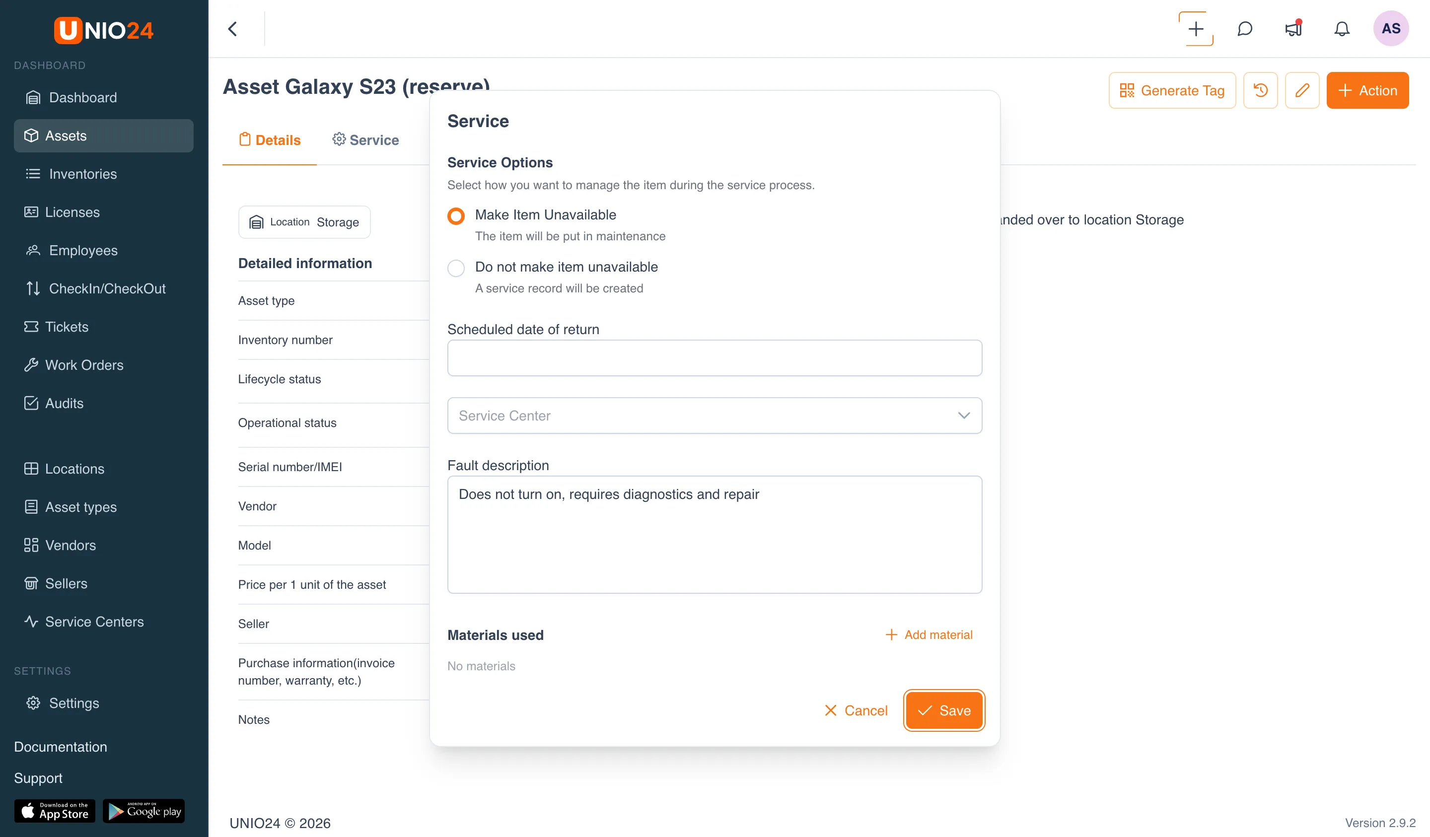 The "Service" modal with the "Service Options" block and the "Make Item Unavailable" mode selected, and the "Service Center" and "Fault description" fields