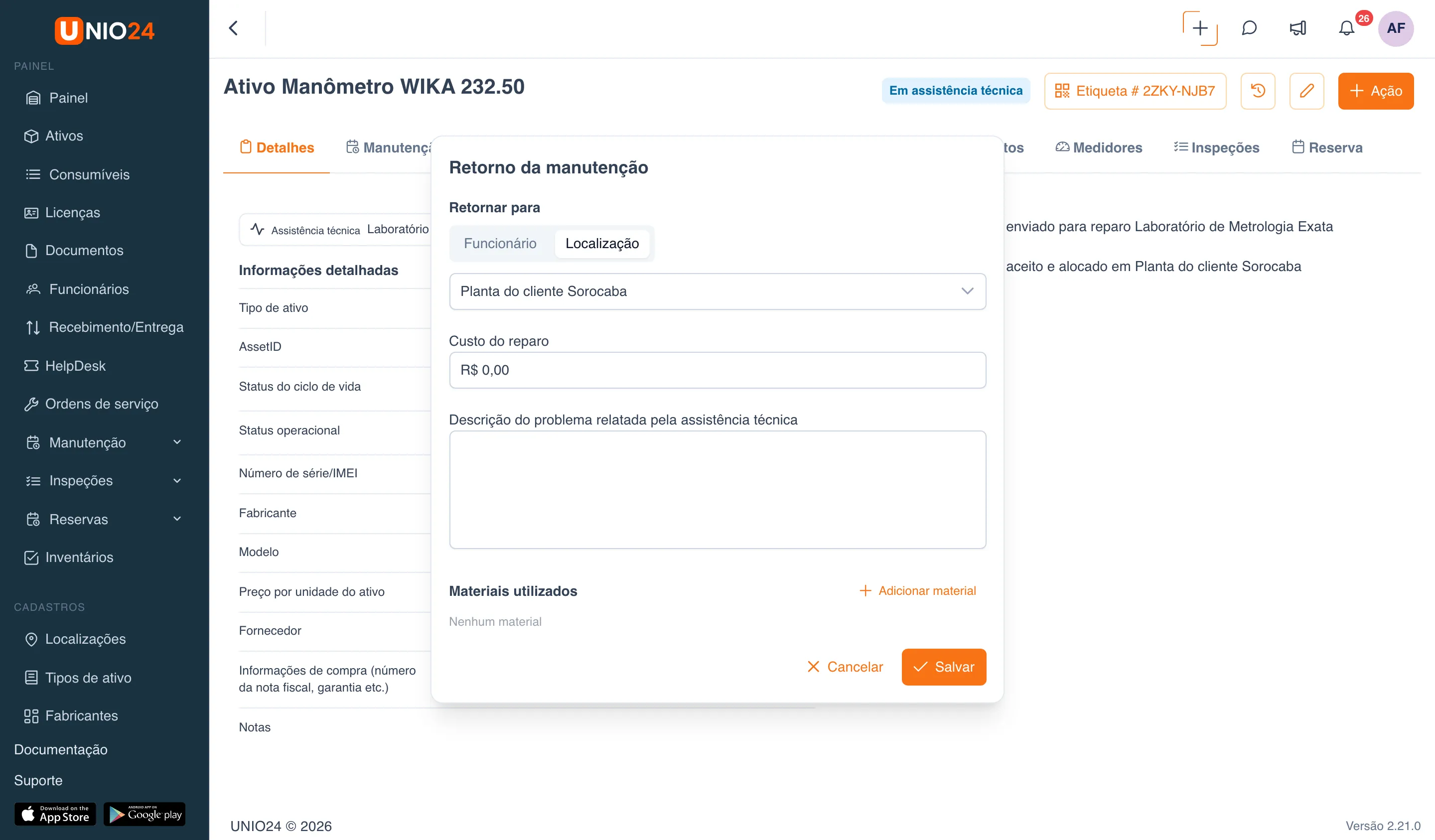 Janela “Retorno da manutenção” do manômetro: seletor “Retornar para” (“Funcionário” | “Localização”) com a localização “Planta do cliente Sorocaba”, campos “Custo do reparo” e “Descrição do problema relatada pela assistência técnica”, bloco “Materiais utilizados”