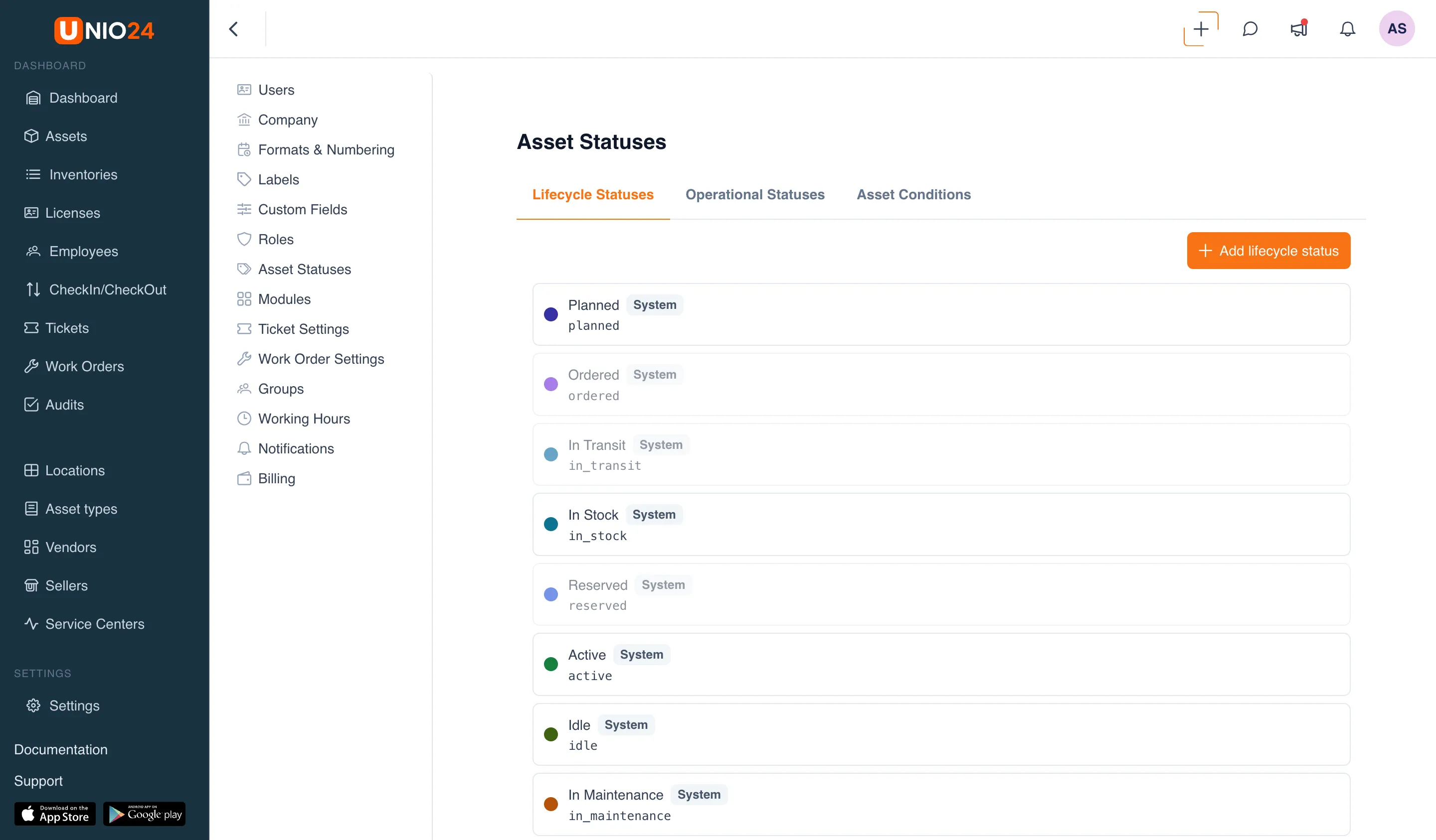 The "Asset Statuses" page with the "Lifecycle Statuses", "Operational Statuses", and "Asset Conditions" tabs and a list of statuses with colored labels and "System" badges.