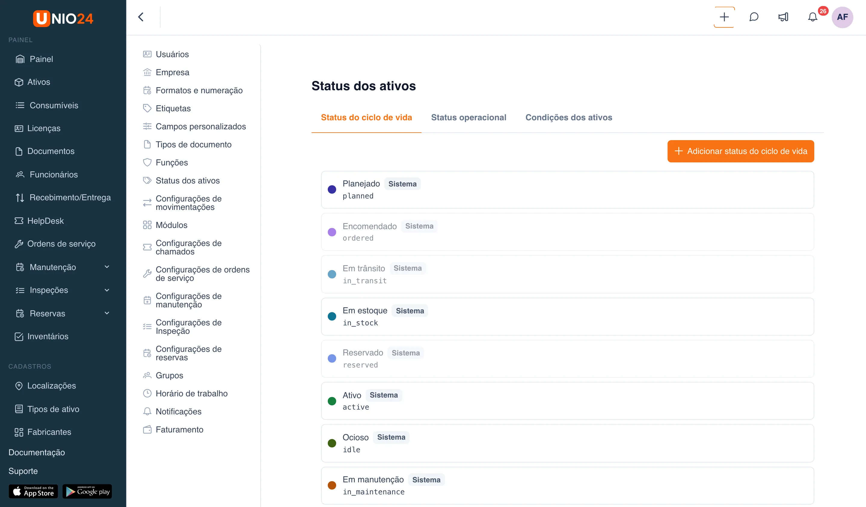 Página «Status dos ativos» com as abas «Status do ciclo de vida», «Status operacional» e «Condições dos ativos», o botão «Adicionar status do ciclo de vida» e a lista de status com marcadores coloridos e o selo «Sistema»