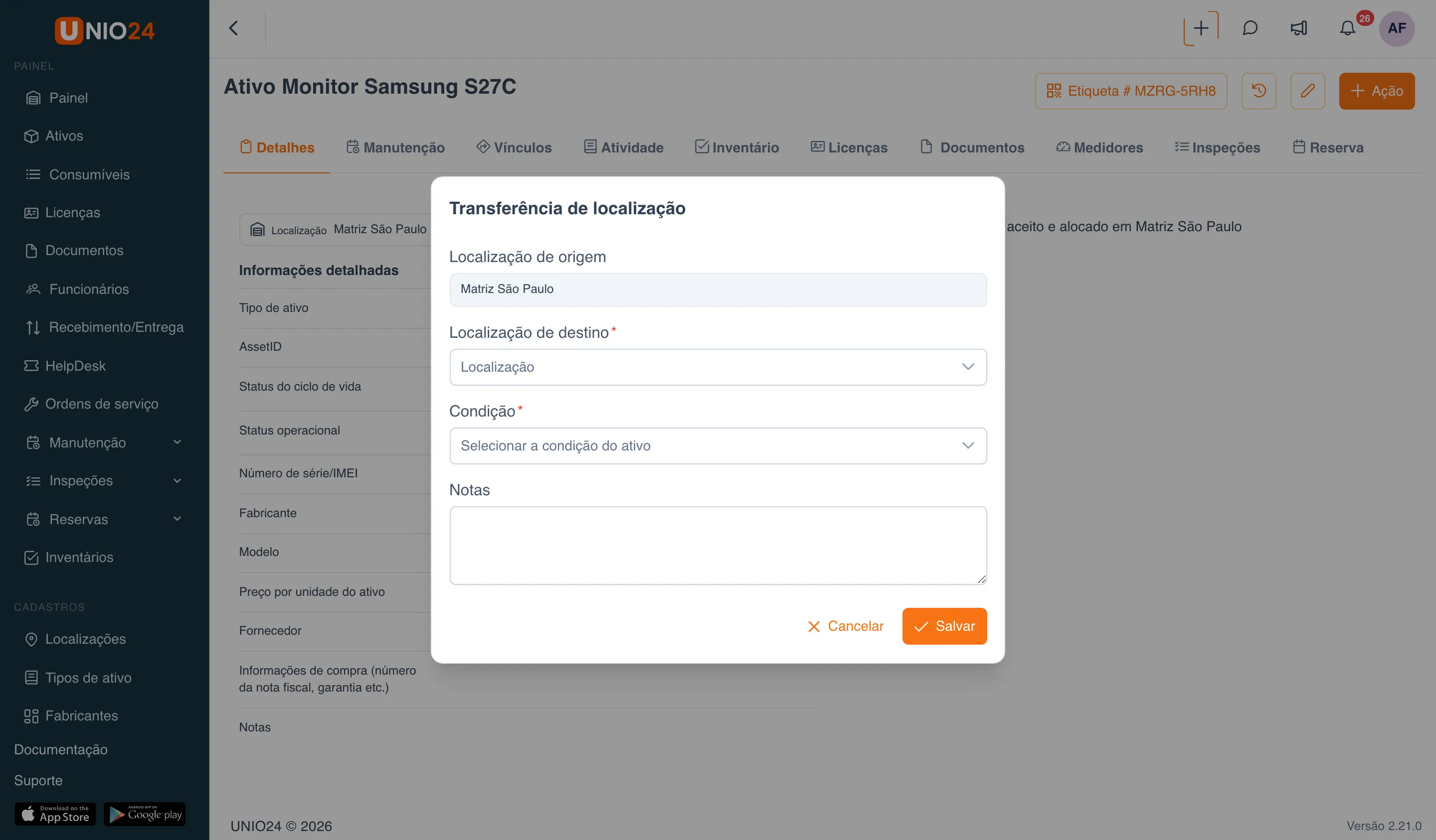 Janela “Transferência de localização” do monitor: campo “Localização de origem” somente leitura com “Matriz São Paulo”, campo “Localização de destino”, campos “Condição” e “Notas”