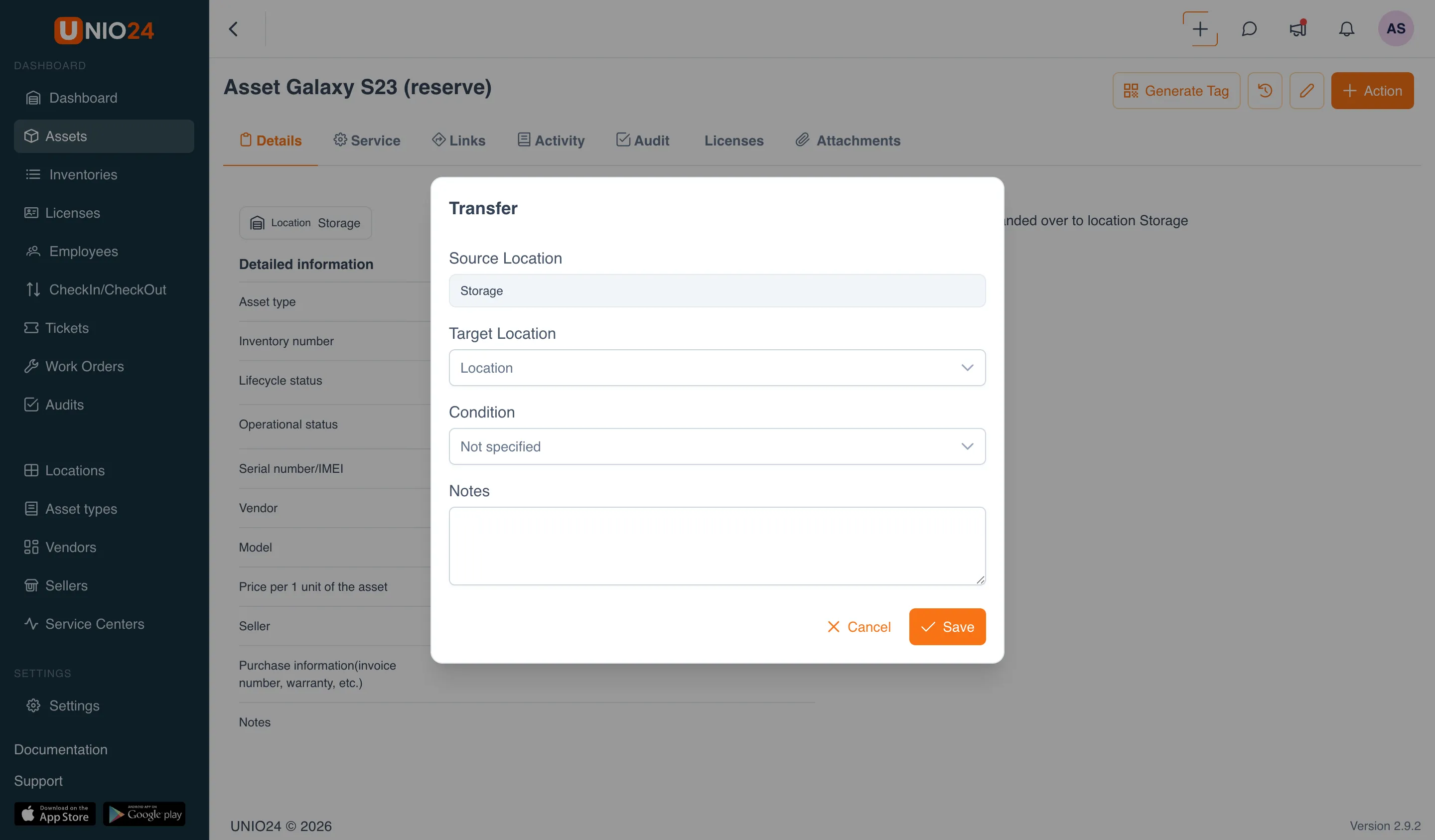 The "Transfer" modal: the "Source Location" field (Warehouse) read-only, the "Target Location" field filled in (Warehouse #2), and the "Condition" and "Notes" fields
