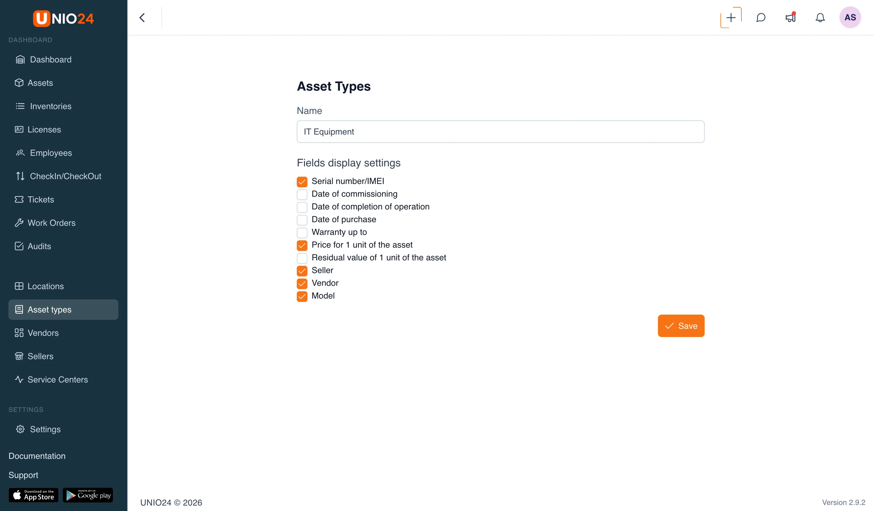 The "IT equipment" asset type form: the "Name" field and the "Fields display settings" block with a list of checkboxes (Serial number/IMEI, Date of purchase, Warranty up to, Vendor, Model, and others) and a "Save" button.