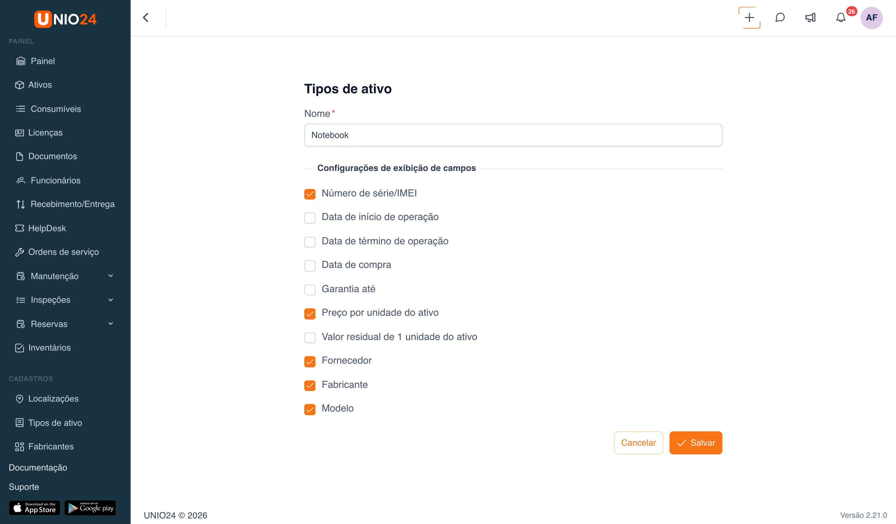 Formulário do tipo de ativo «Notebook»: campo «Nome» e bloco «Configurações de exibição de campos» com a lista de caixas (Número de série/IMEI, Data de compra, Garantia até, Preço por unidade do ativo, Fornecedor, Fabricante, Modelo e outras) e os botões «Cancelar» e «Salvar»