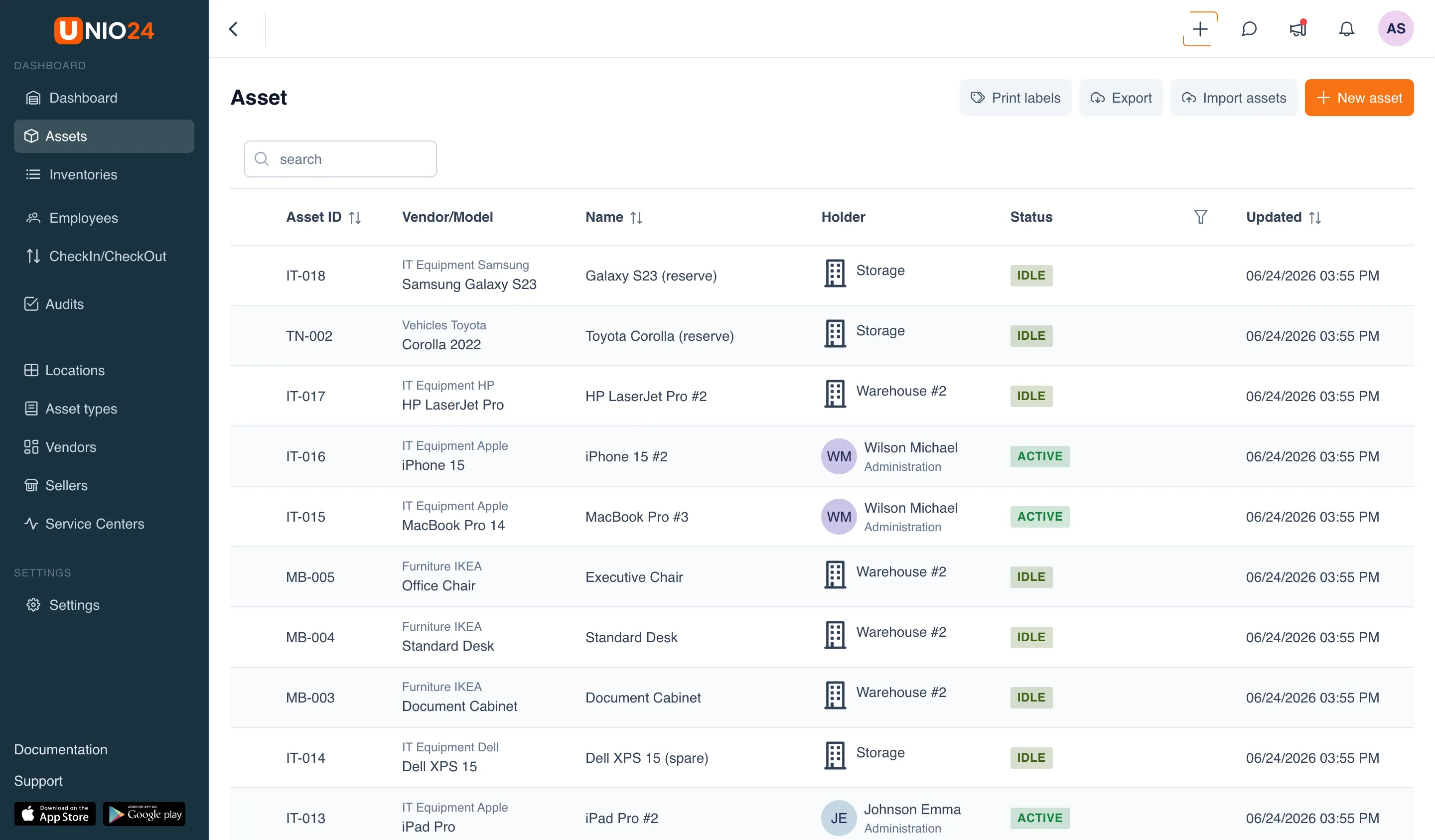 "Assets" page, top bar: an "Import assets" button next to "Export" and "New asset" buttons