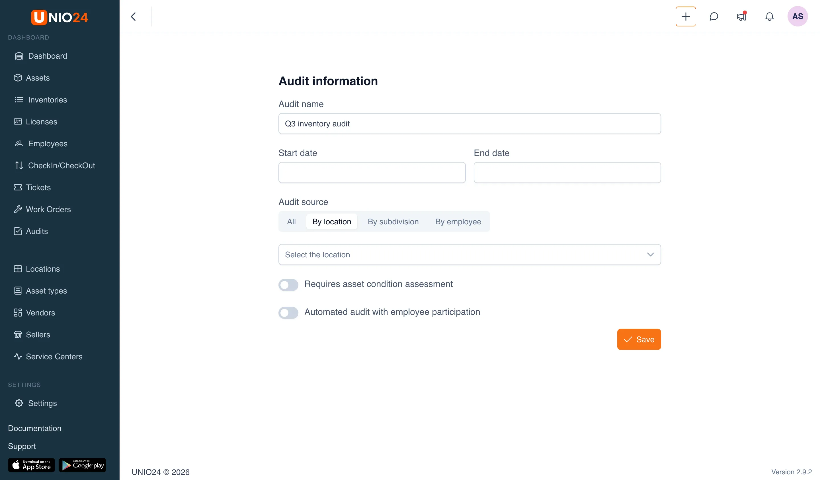 The audit creation form, the "Audit information" block: "Audit name" filled in, the "Start date" / "End date" fields, and "Audit source" with "By location" selected and the "Select the location" field that appeared