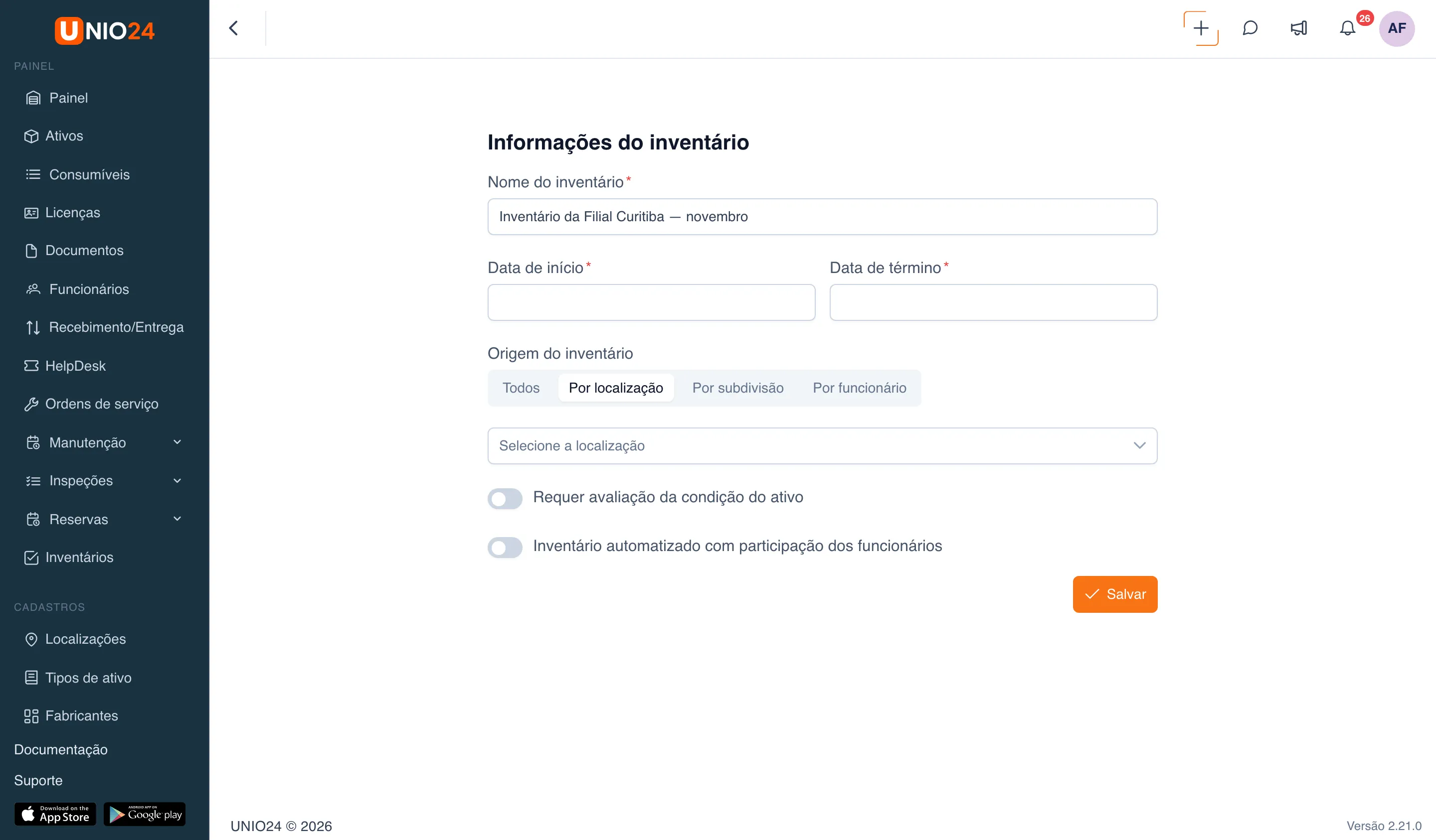 Formulário de criação do inventário, bloco “Informações do inventário”: “Nome do inventário” preenchido, campos “Data de início” e “Data de término”, “Origem do inventário” com “Por localização” selecionado e o campo “Selecione a localização” que apareceu abaixo