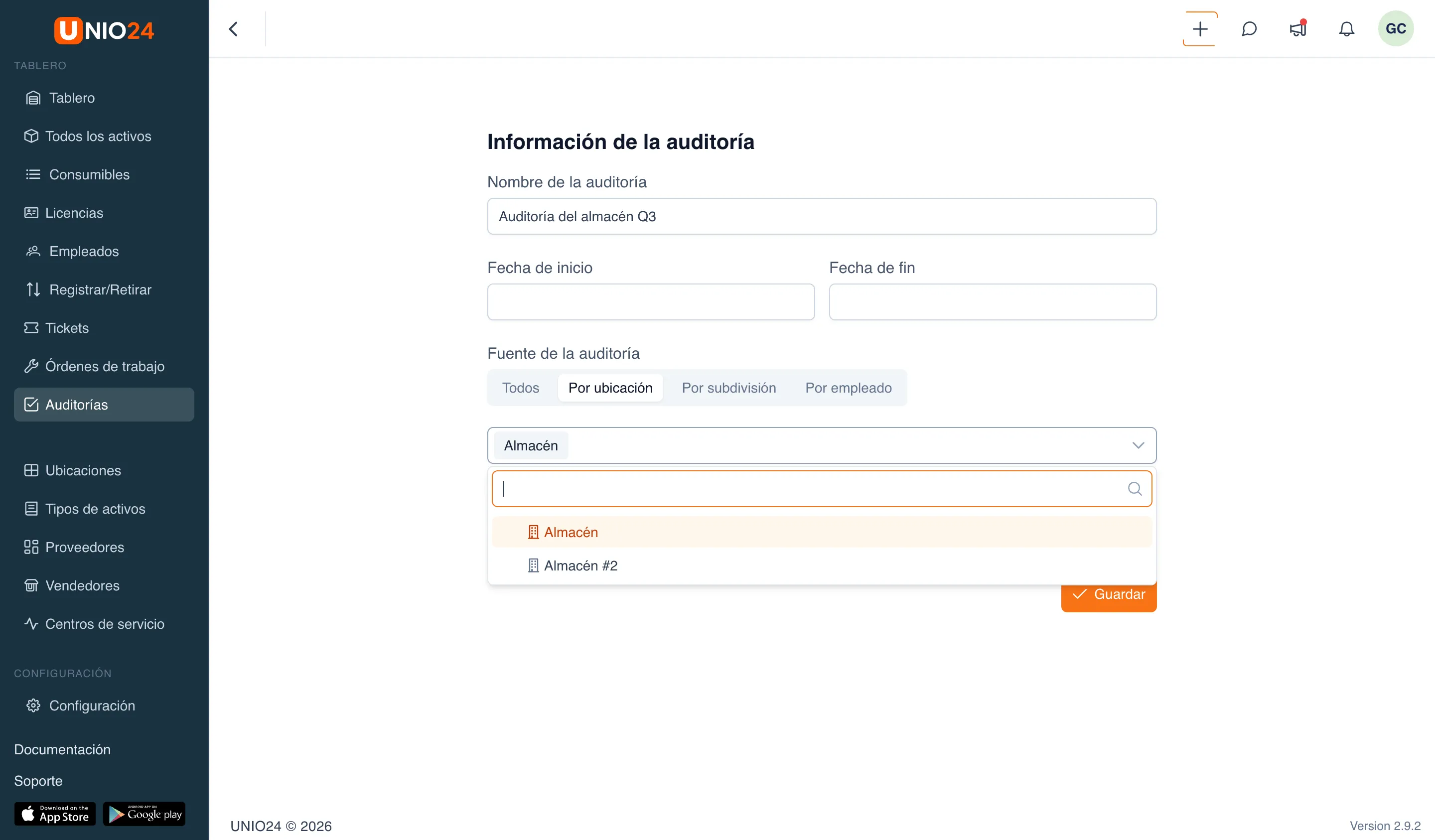 Formulario de creación de auditoría, bloque «Información de la auditoría»: con «Nombre de la auditoría» completado, los campos «Fecha de inicio» / «Fecha de fin» y «Fuente de la auditoría» con «Por ubicación» seleccionado y el campo «Seleccionar ubicación» ya visible