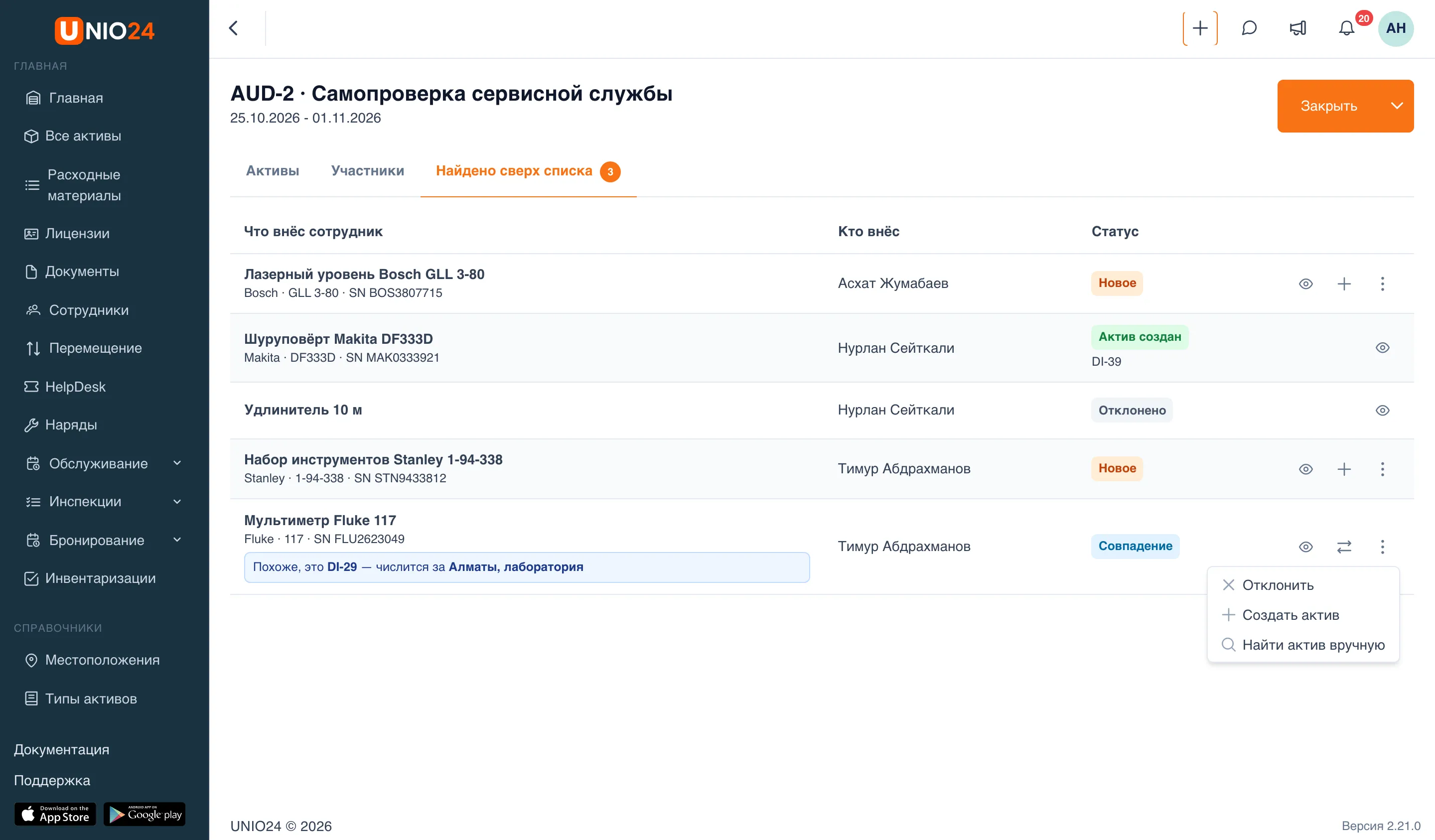Вкладка «Найдено сверх списка» инвентаризации AUD-2: записи «Лазерный уровень Bosch GLL 3-80» (Новое), «Шуруповёрт Makita DF333D» (Актив создан, DI-39), «Удлинитель 10 м» (Отклонено), «Набор инструментов Stanley 1-94-338» (Новое) и «Мультиметр Fluke 117» (Совпадение) с подсказкой «Похоже, это DI-29 — числится за Алматы, лаборатория»; у последней записи открыто меню: «Отклонить», «Создать актив», «Найти актив вручную»