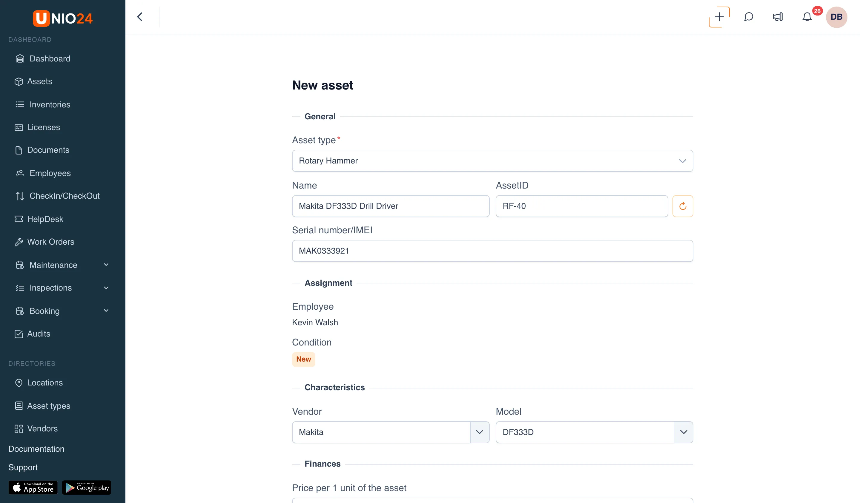 The “New asset” form prefilled from the employee’s report: “Asset type” is “Rotary Hammer”, “Name” is “Makita DF333D Drill Driver”, “AssetID” is the next free number, “Serial number/IMEI” is “MAK0333921”, the “Assignment” block shows the employee Kevin Walsh and the condition, “Vendor” is “Makita”, “Model” is “DF333D”