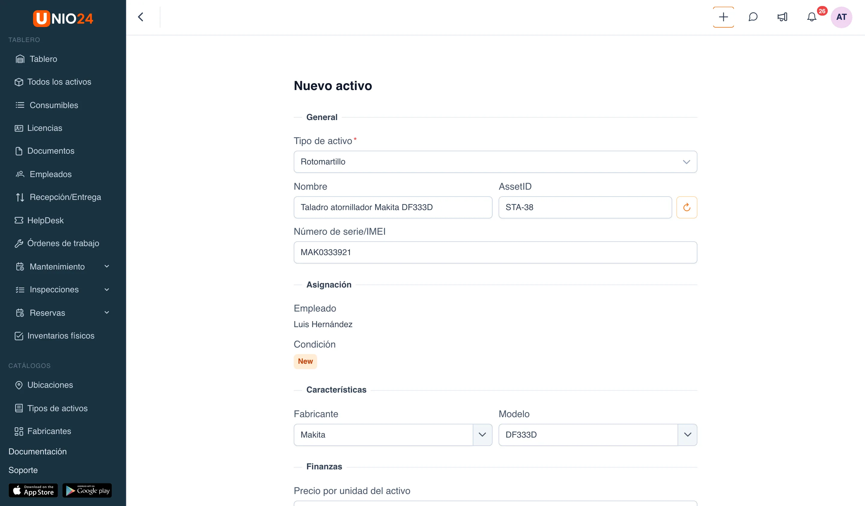 Formulario «Nuevo activo» lleno con los datos del reporte: «Tipo de activo»: «Rotomartillo», «Nombre»: «Taladro atornillador Makita DF333D», «AssetID»: «STA-37», «Número de serie/IMEI»: «MAK0333921», en el bloque «Asignación» el empleado «Luis Hernández» y la condición, «Fabricante»: «Makita», «Modelo»: «DF333D»