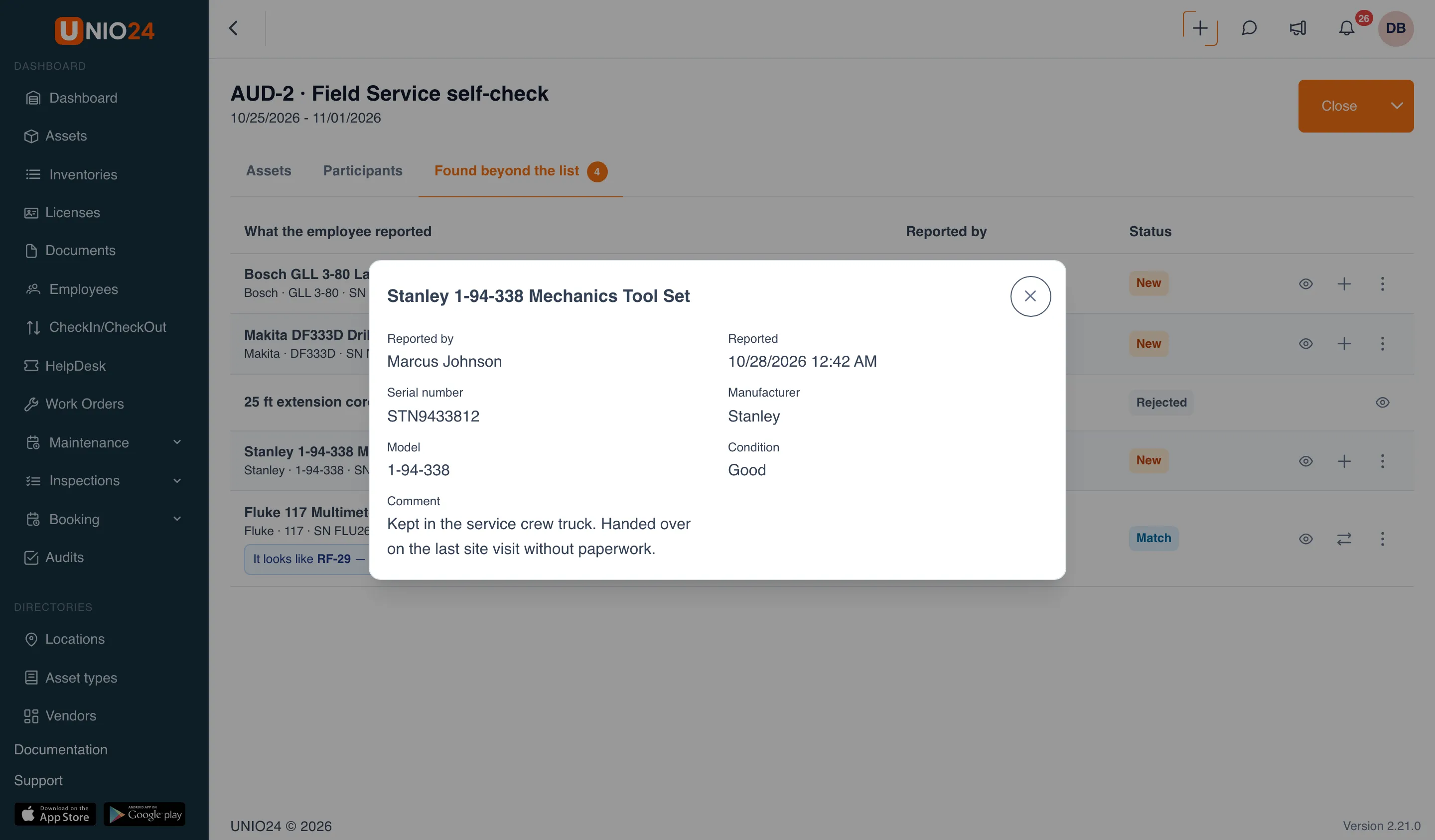 The “Stanley 1-94-338 Mechanics Tool Set” dialog: “Reported by” Marcus Johnson, “Reported” 10/28/2026, serial number, manufacturer, model, condition, and the comment “Kept in the service crew truck. Handed over on the last site visit without paperwork.”