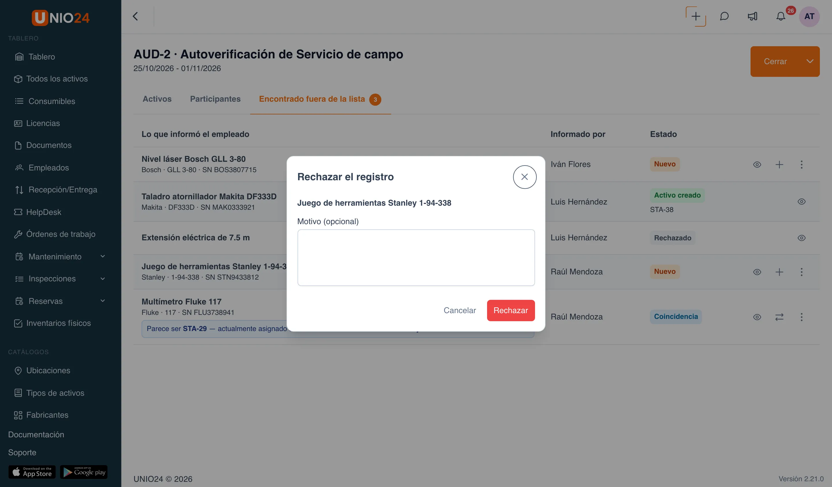 Ventana «Rechazar el registro» para «Juego de herramientas Stanley 1-94-338»: campo «Motivo (opcional)», botones «Cancelar» y «Rechazar»