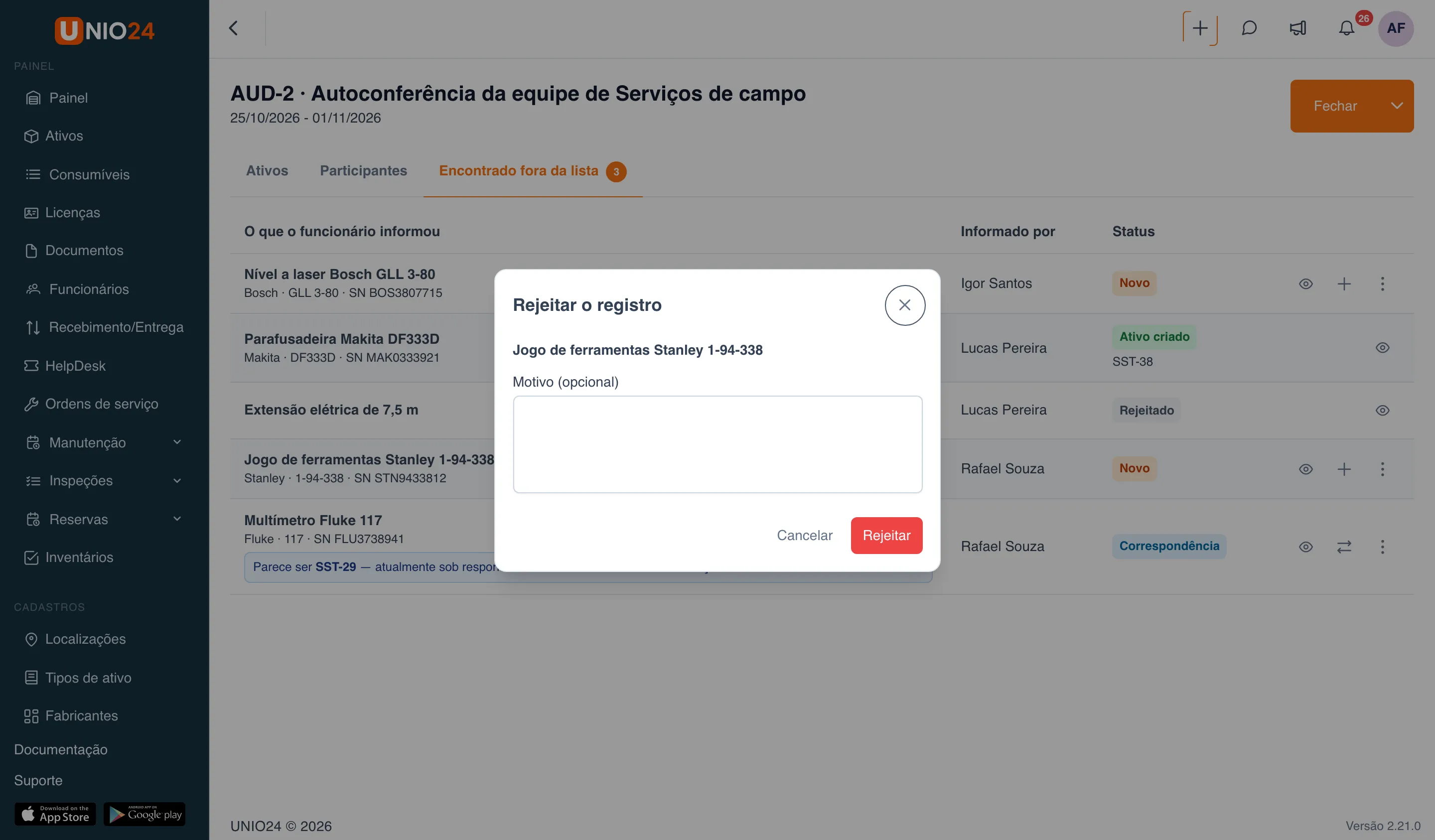 Janela “Rejeitar o registro” para “Jogo de ferramentas Stanley 1-94-338”: campo “Motivo (opcional)”, botões “Cancelar” e “Rejeitar”