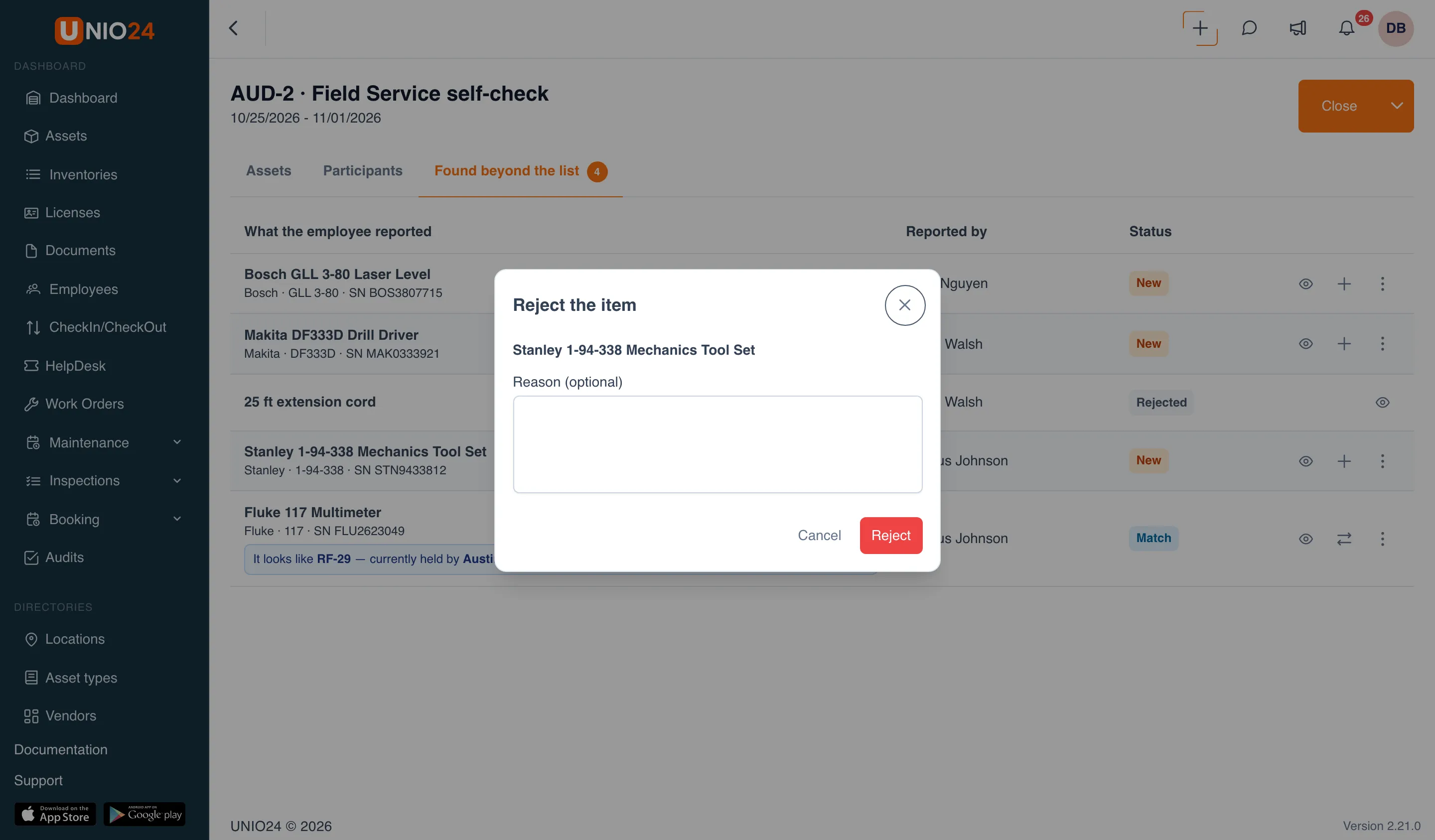 The “Reject the item” dialog for “Stanley 1-94-338 Mechanics Tool Set”: the “Reason (optional)” field and the “Cancel” and “Reject” buttons
