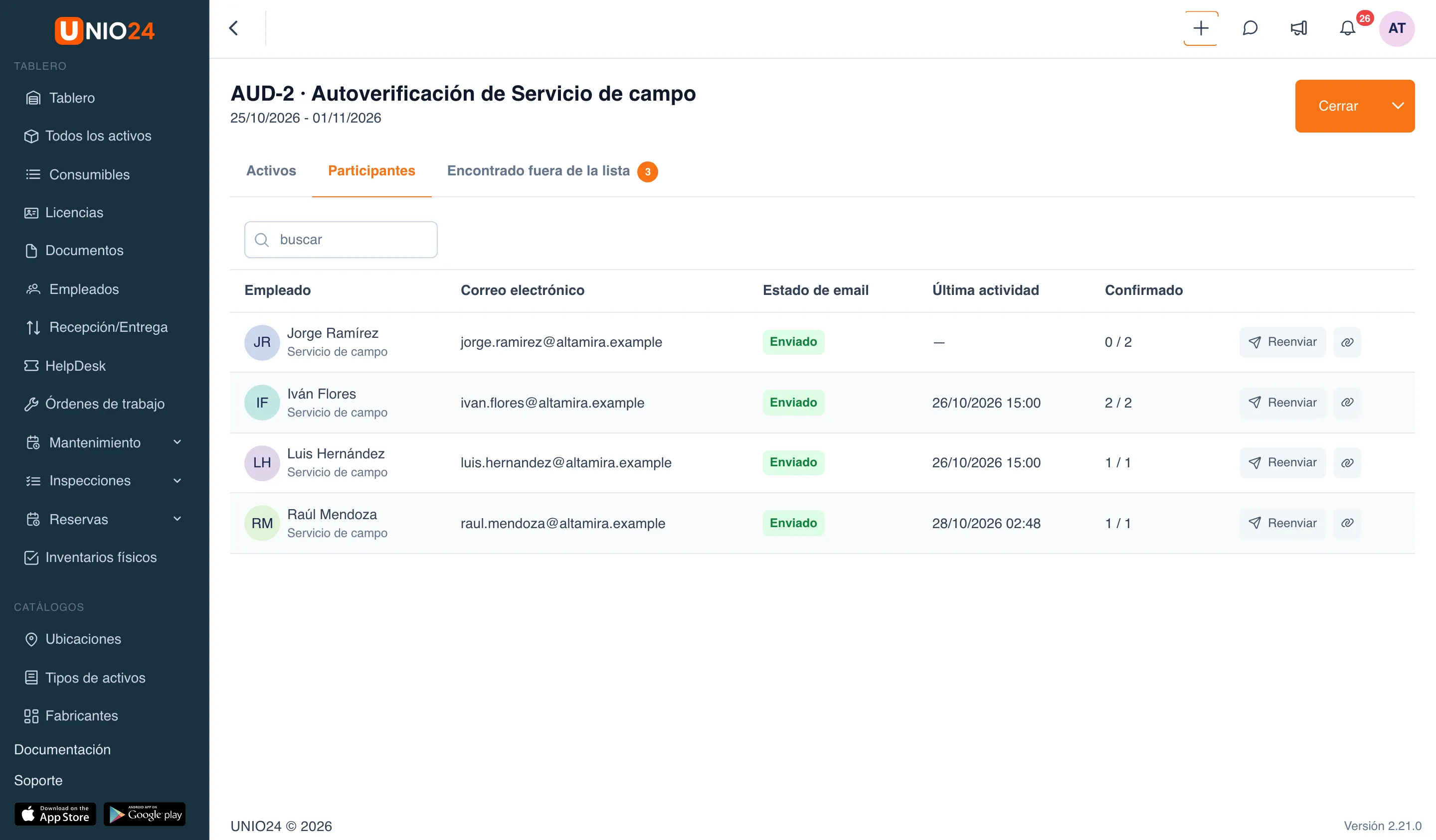 Pestaña «Participantes» del inventario físico: tabla con las columnas «Empleado», «Correo electrónico», «Estado de email», «Última actividad» y «Confirmado», y los botones «Reenviar» y «Copiar enlace» en cada fila