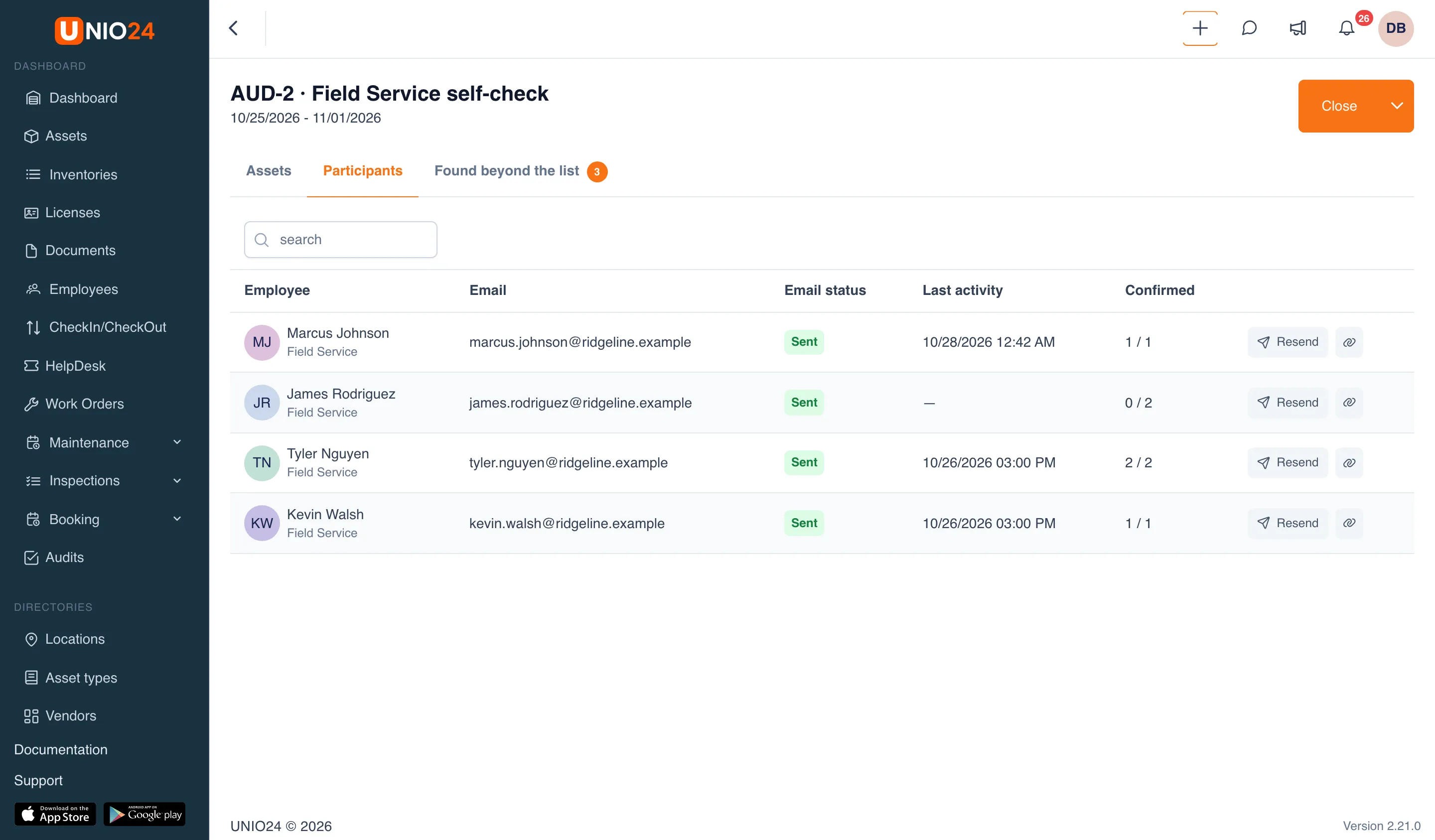 The “Participants” tab of a self-service audit: a table with the columns “Employee”, “Email”, “Email status”, “Last activity”, and “Confirmed”, with the “Resend” and copy link buttons in each row