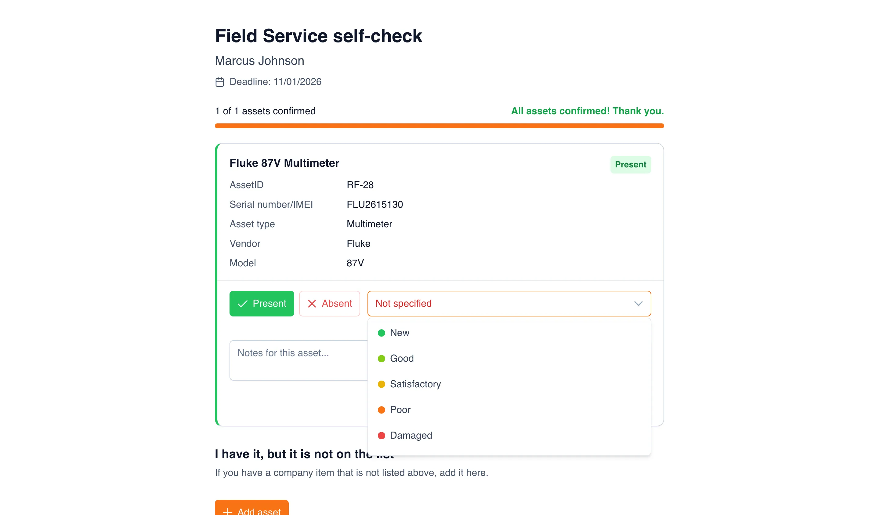 The self-service audit page on a computer: “Field Service self-check”, Marcus Johnson, “Deadline: 11/01/2026”, “1 of 1 assets confirmed” and “All assets confirmed! Thank you.”, the Fluke 87V Multimeter card with its asset ID, serial number, type, vendor, and model, the “Present” (selected) and “Absent” buttons, and the open condition list: “New”, “Good”, “Satisfactory”, “Poor”, “Damaged”