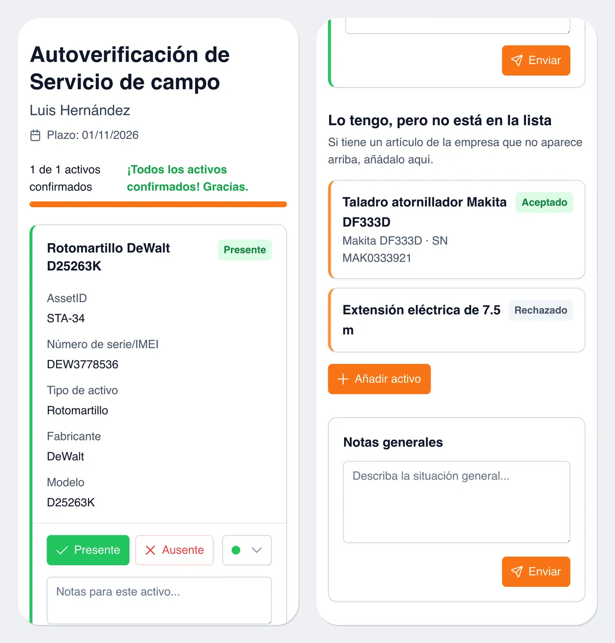 Página del inventario físico en el celular: a la izquierda, la parte superior con el nombre, el nombre del empleado, el plazo, el contador «1 de 1 activos confirmados» y la tarjeta del rotomartillo DeWalt con los botones «Presente» y «Ausente»; a la derecha, la parte inferior: el bloque «Lo tengo, pero no está en la lista» con los registros «Taladro atornillador Makita DF333D» en estado «Aceptado» y «Extensión eléctrica de 7.5 m» en estado «Rechazado», el botón «Añadir activo» y el bloque «Notas generales» con el botón «Enviar»