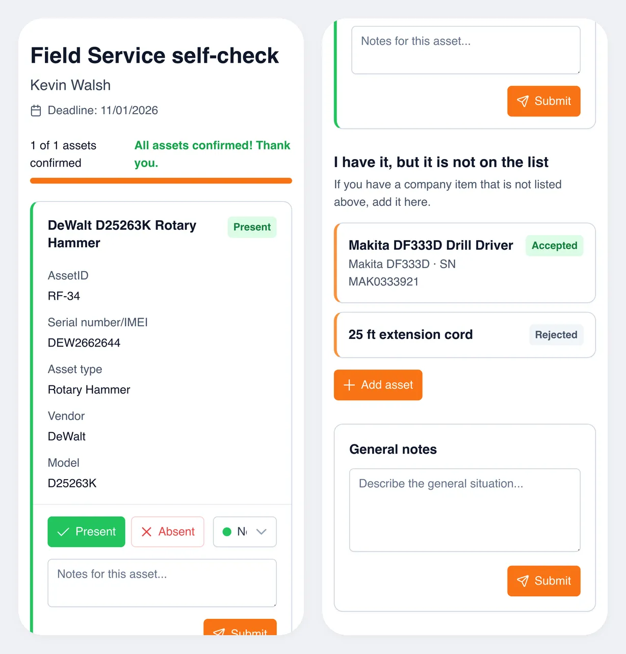 The self-service audit page on a phone: on the left, the top of the page with the audit name, the employee’s name, the deadline, the progress counter, and the DeWalt rotary hammer card with the “Present” and “Absent” buttons; on the right, the bottom of the page: the “I have it, but it is not on the list” block with “Makita DF333D Drill Driver” marked “Accepted” and “25 ft extension cord” marked “Rejected”, the “Add asset” button, and the “General notes” block with a “Submit” button