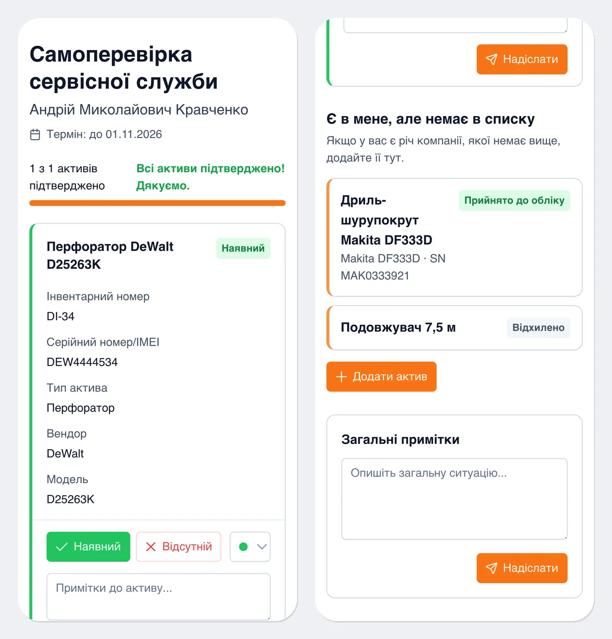 Сторінка самостійної інвентаризації на телефоні: ліворуч — верх сторінки з назвою, ім’ям співробітника, терміном, лічильником «1 з 1 активів підтверджено» і карткою перфоратора DeWalt з кнопками «Наявний» і «Відсутній»; праворуч — низ сторінки: блок «Є в мене, але немає в списку» із записами «Дриль-шурупокрут Makita DF333D» зі статусом «Прийнято до обліку» і «Подовжувач 7,5 м» зі статусом «Відхилено», кнопка «Додати актив» і блок «Загальні примітки» з кнопкою «Надіслати»