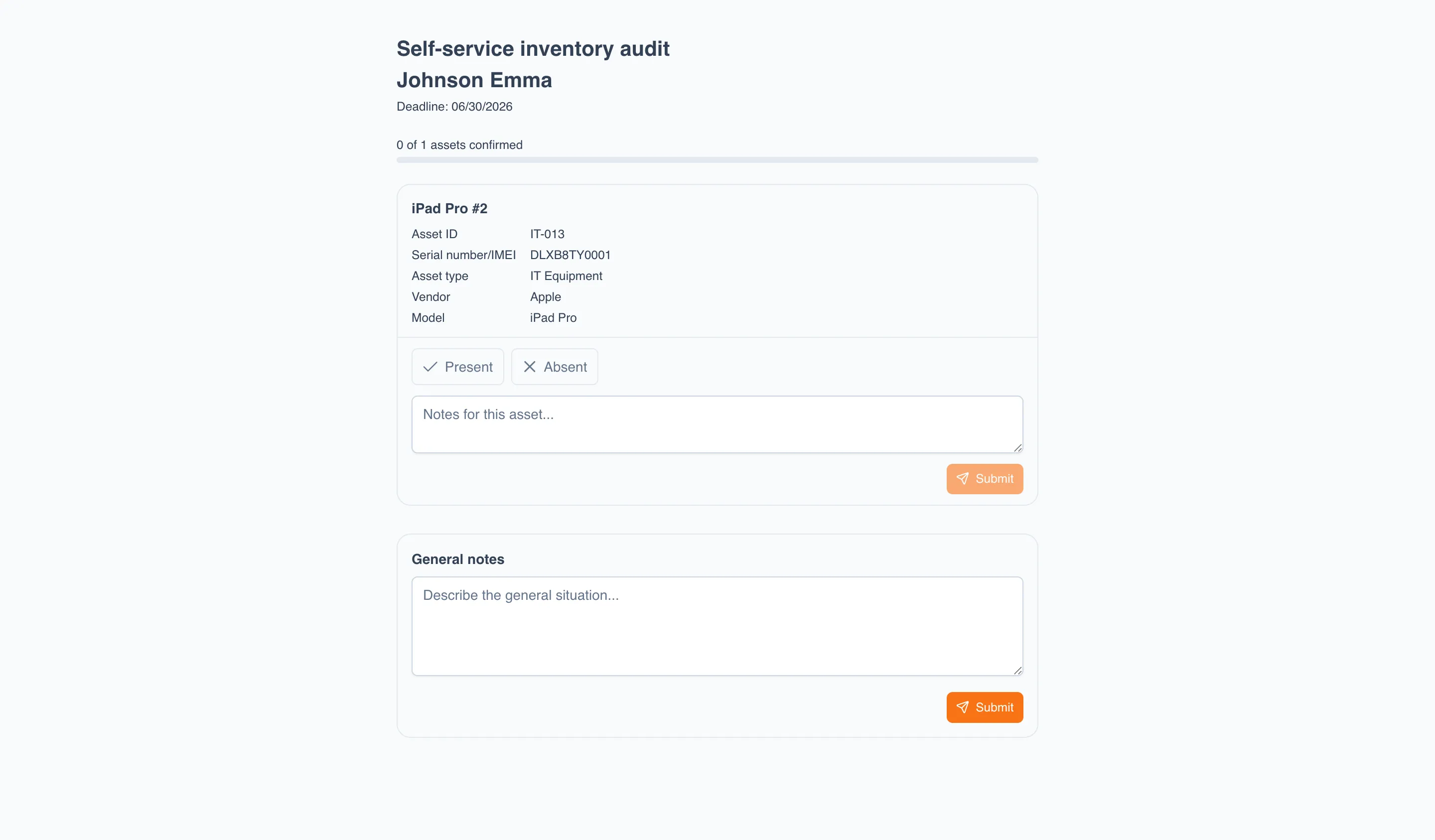 The self-service audit member screen (a page accessed by personal link, without signing in to UNIO24): a header with the audit name, the employee's name, and the period; a "0 of 4 assets confirmed" progress indicator; and cards of the assigned assets with their data, the "Present" / "Absent" buttons, a notes field, and a "Send" button