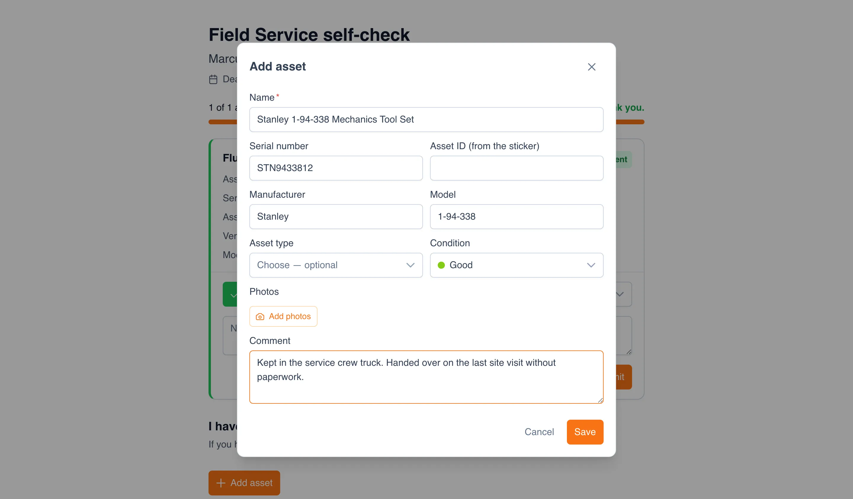 The “Add asset” dialog over the audit page: “Name” is “Stanley 1-94-338 Mechanics Tool Set”, “Serial number” is “STN9433812”, “Asset ID (from the sticker)” is empty, “Manufacturer” is “Stanley”, “Model” is “1-94-338”, “Asset type” is empty, “Condition” is “Good”, the “Add photos” button, “Comment” reads “Kept in the service crew truck. Handed over on the last site visit without paperwork.”, and the “Cancel” and “Save” buttons