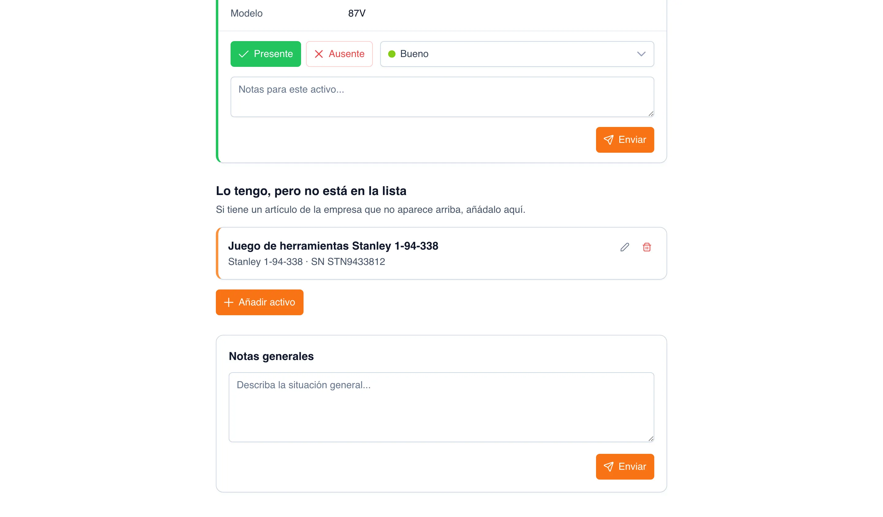 Bloque «Lo tengo, pero no está en la lista»: el registro «Juego de herramientas Stanley 1-94-338 — Stanley 1-94-338 · SN STN9433812» con los botones para editar y eliminar, el botón «Añadir activo» y, debajo, el bloque «Notas generales»