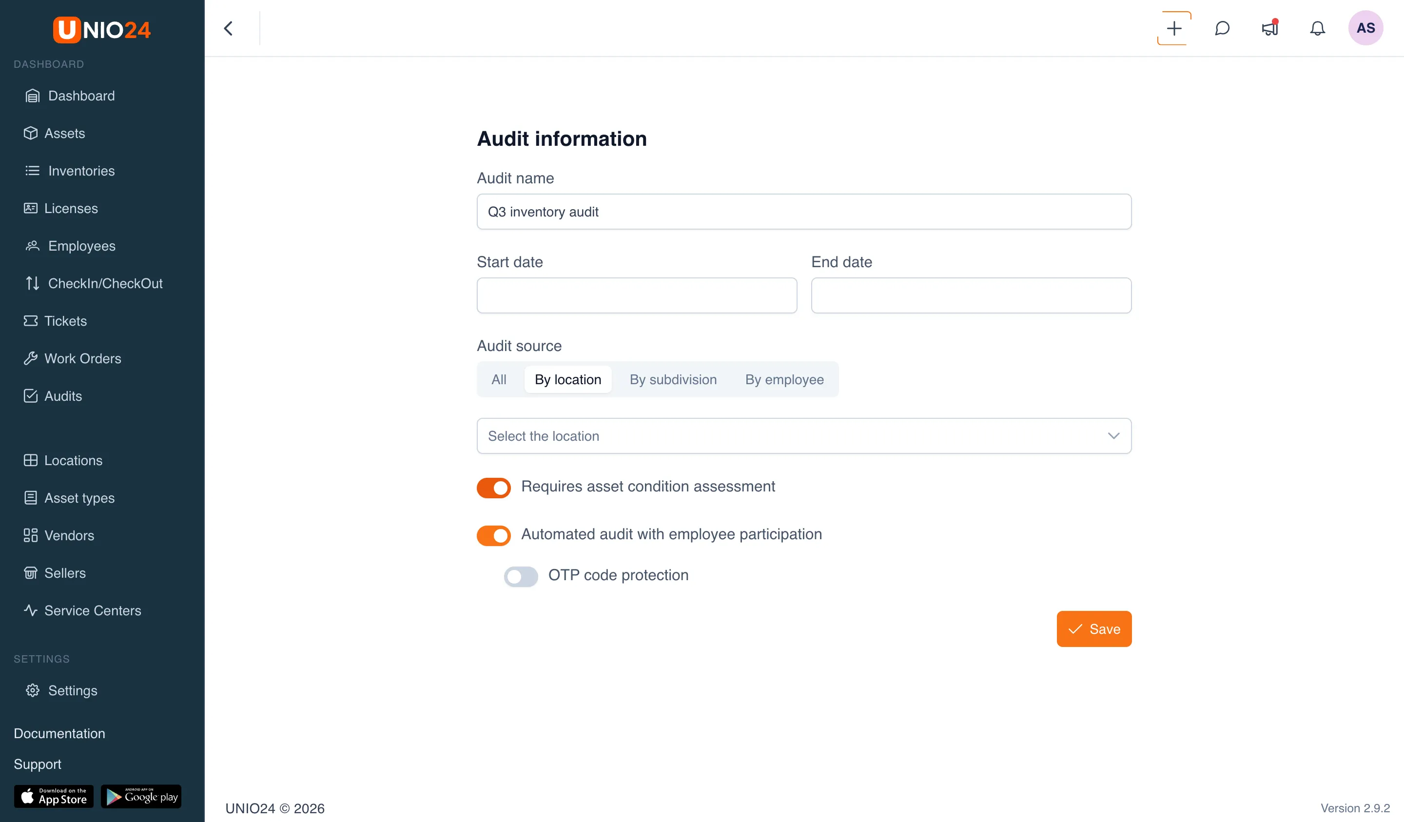 The toggles block in the create form: "Requires asset condition assessment" and "Automated audit with employee participation" enabled, with the "OTP code protection" toggle now available below