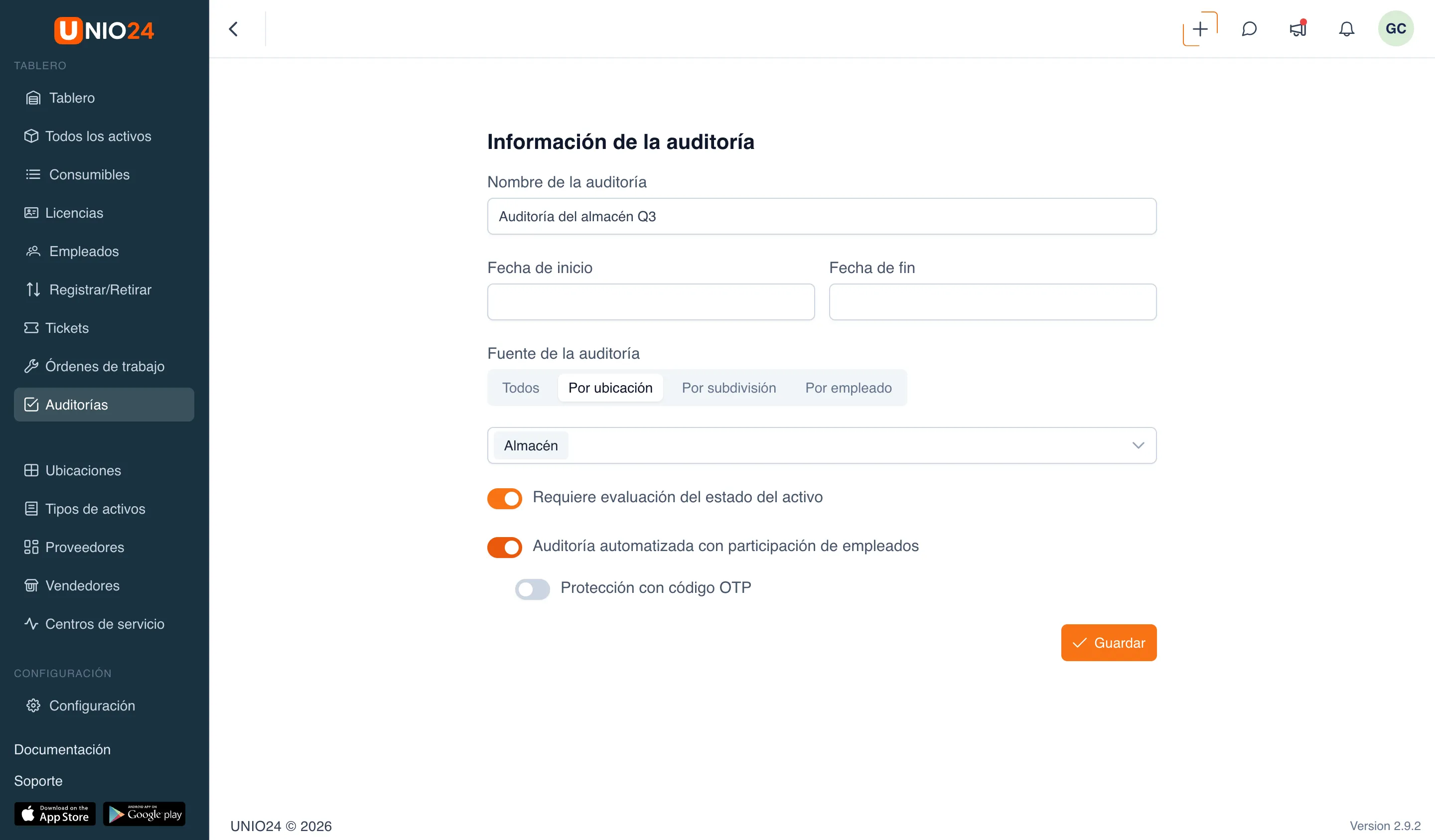 Bloque de interruptores del formulario de creación: activados «Requiere evaluación del estado del activo» y «Auditoría automatizada con participación de empleados»; debajo queda disponible el interruptor «Protección con código OTP»
