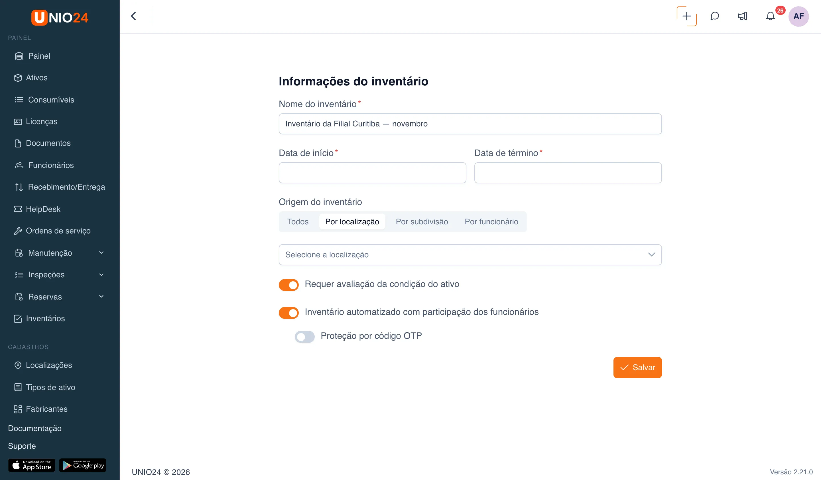 Bloco de interruptores no formulário de criação: ativados “Requer avaliação da condição do ativo” e “Inventário automatizado com participação dos funcionários”; abaixo ficou disponível o interruptor “Proteção por código OTP”