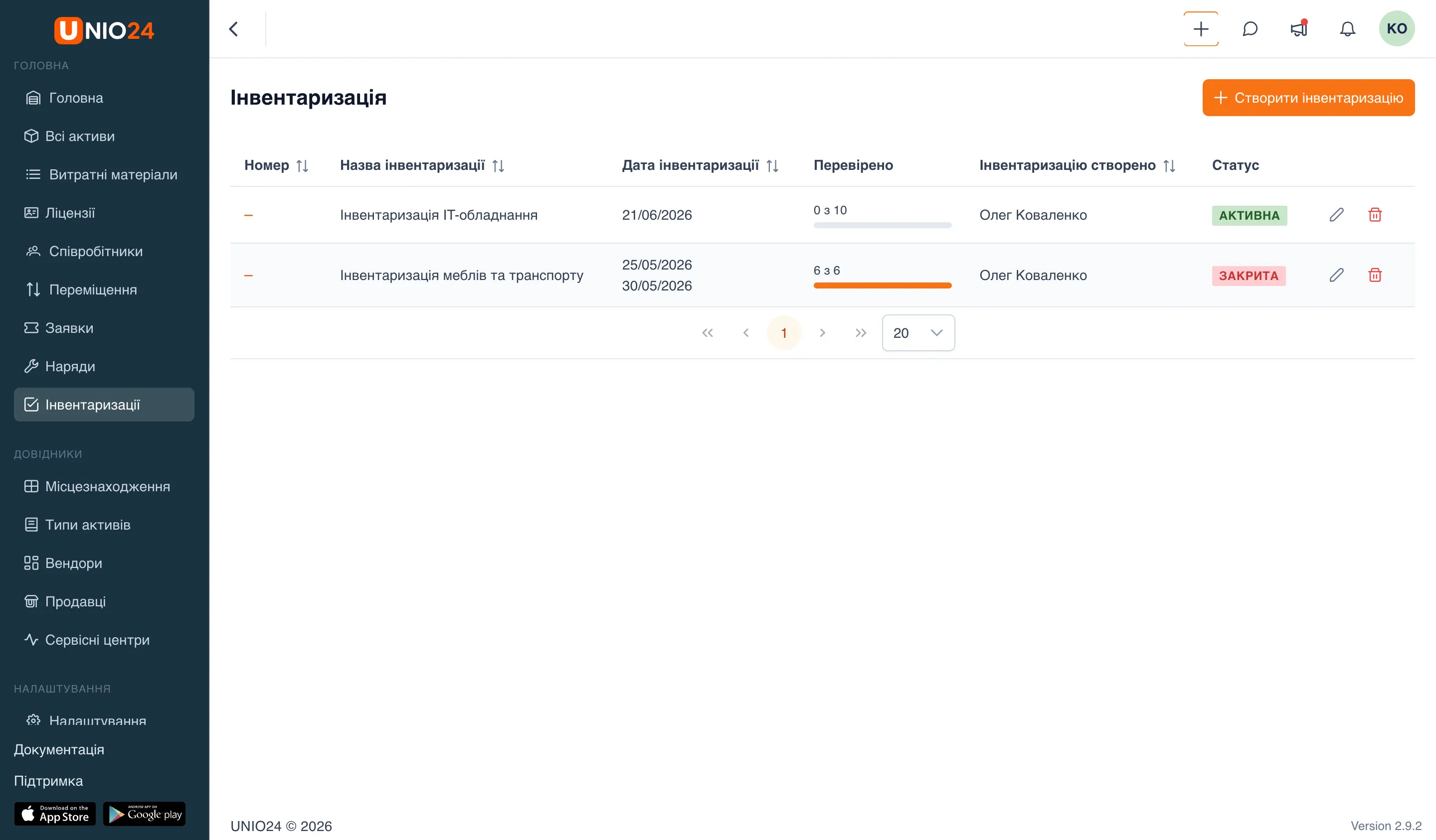 список інвентаризацій зі стовпцями «Номер», «Назва інвентаризації», «Дата інвентаризації», «Перевірено» та «Статус» (бейджі «Активна» і «Закрита») та кнопкою «Створити інвентаризацію»