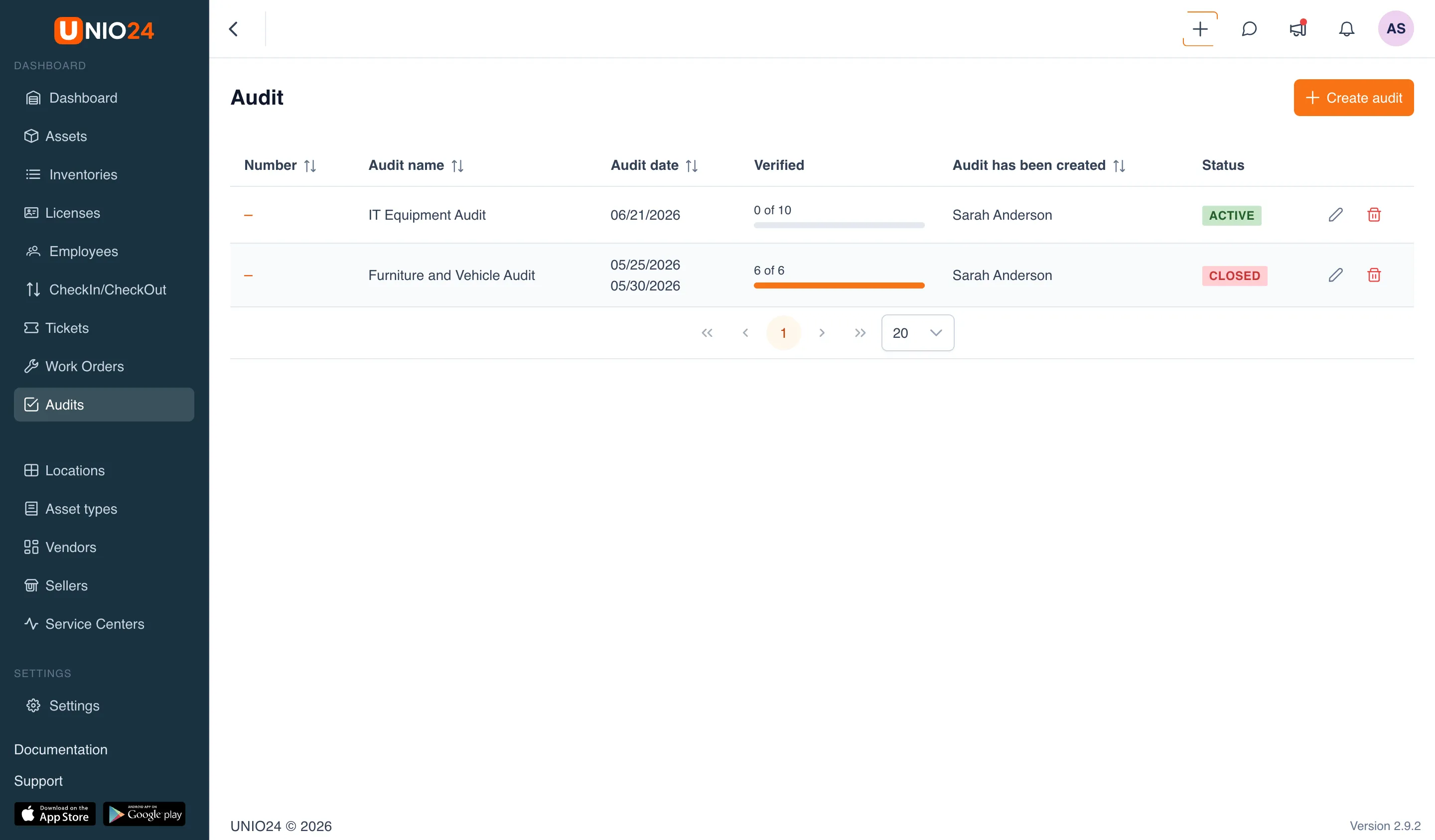 List of audits with the columns "Number", "Audit name", "Audit date", "Verified", and "Status" (the "Active" and "Closed" badges) and the "Create audit" button