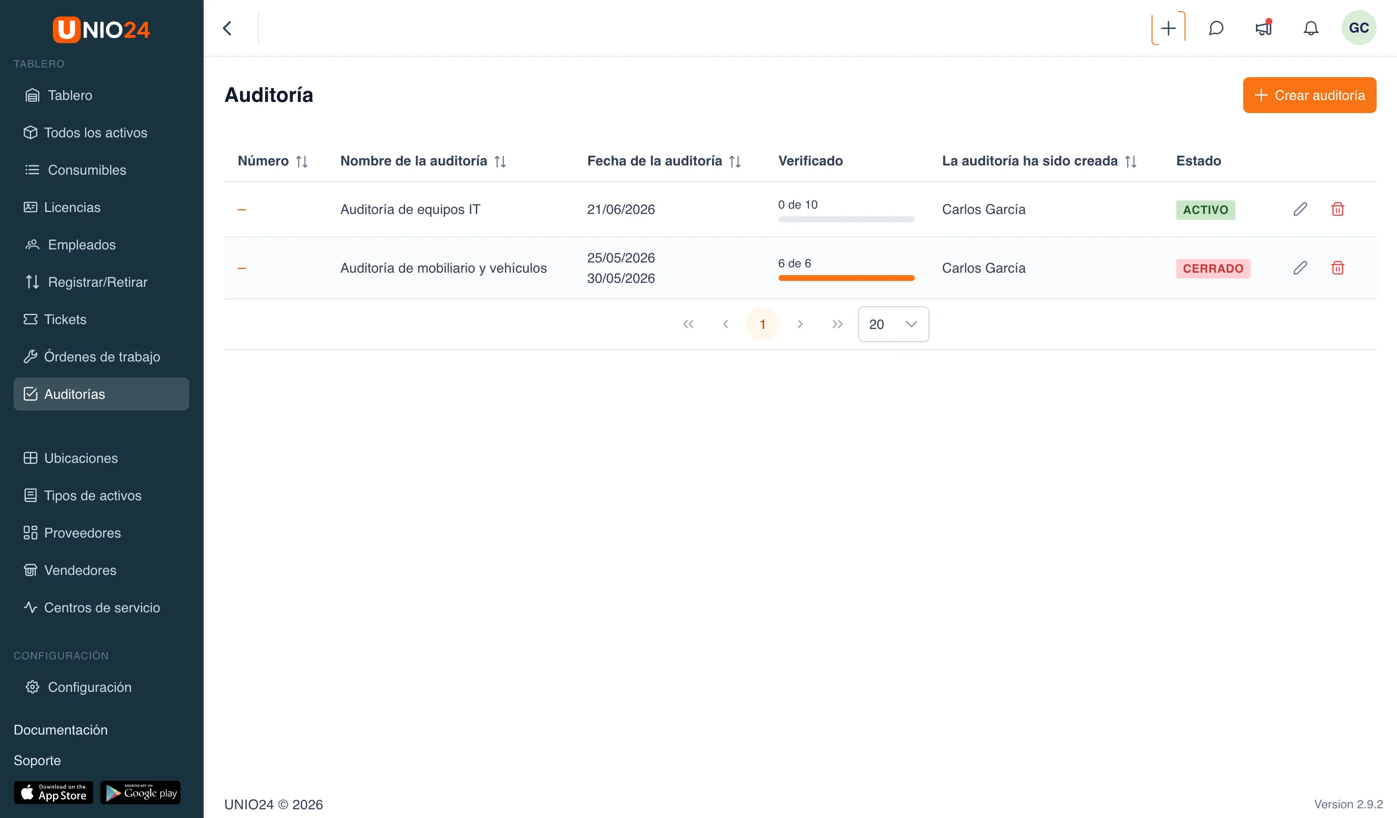 Lista de auditorías con las columnas «Número», «Nombre de la auditoría», «Fecha de la auditoría», «Verificado» y «Estado» (insignias «Activo» y «Cerrado») y el botón «Crear auditoría»