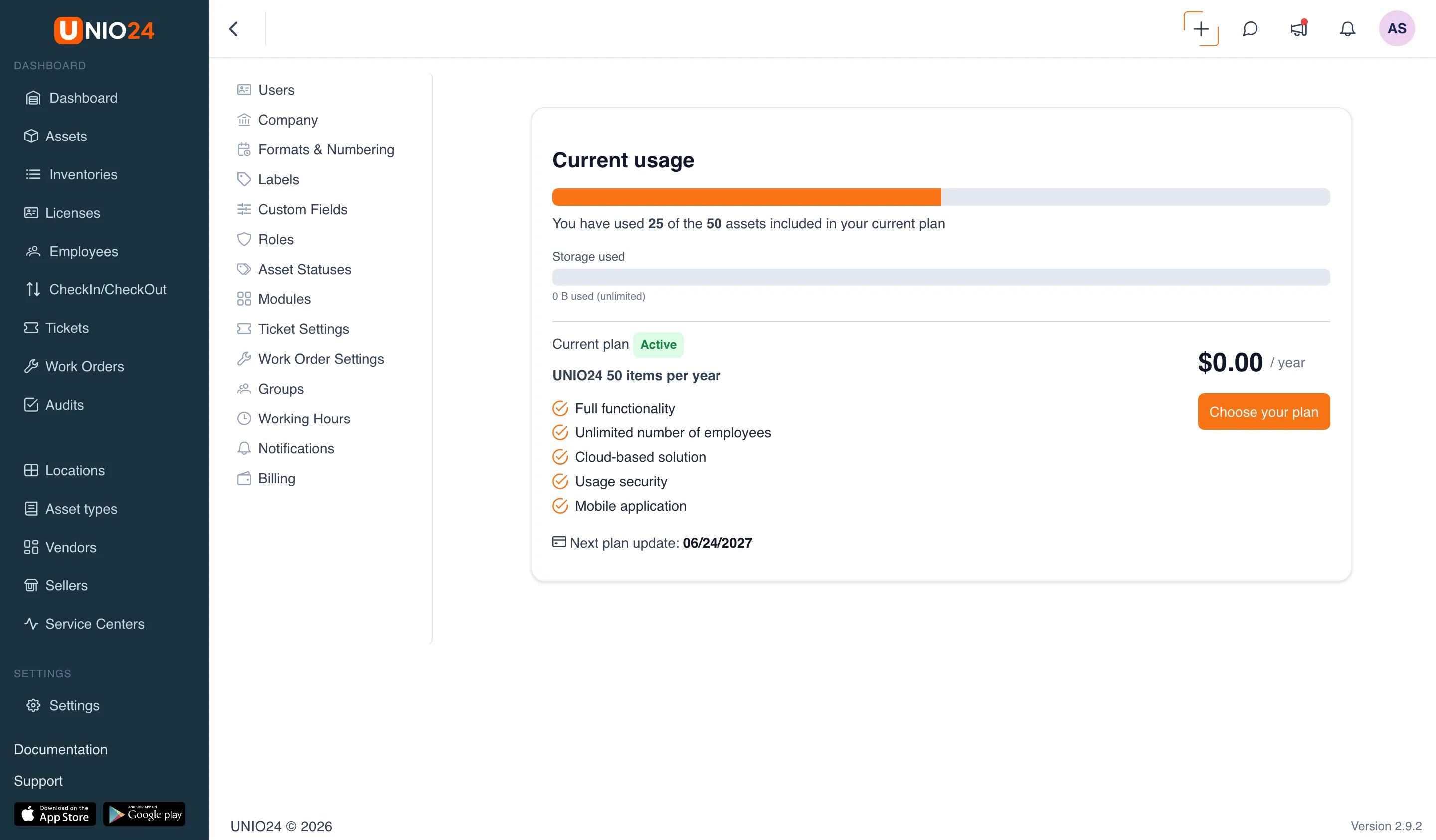 The "Billing" page: a "Current usage" block with bars for used assets and storage, a "Current plan" heading with an "Active" status icon, the plan name and contents, the price with the billing period, and a plan selection button