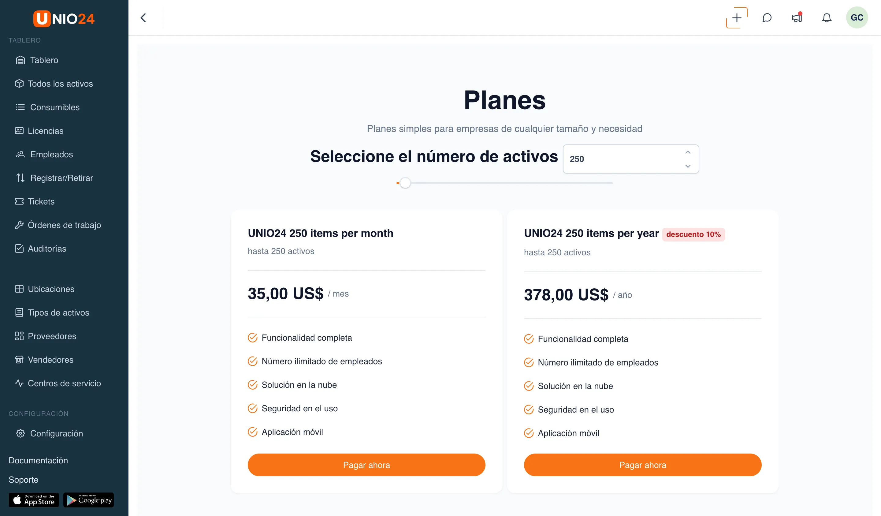 Página «Planes»: encabezado con subtítulo, bloque «Seleccione el número de activos» con campo de entrada y control deslizante, debajo las tarjetas de planes (mensual y anual con la etiqueta «descuento del 10%») con botones «Pagar ahora»