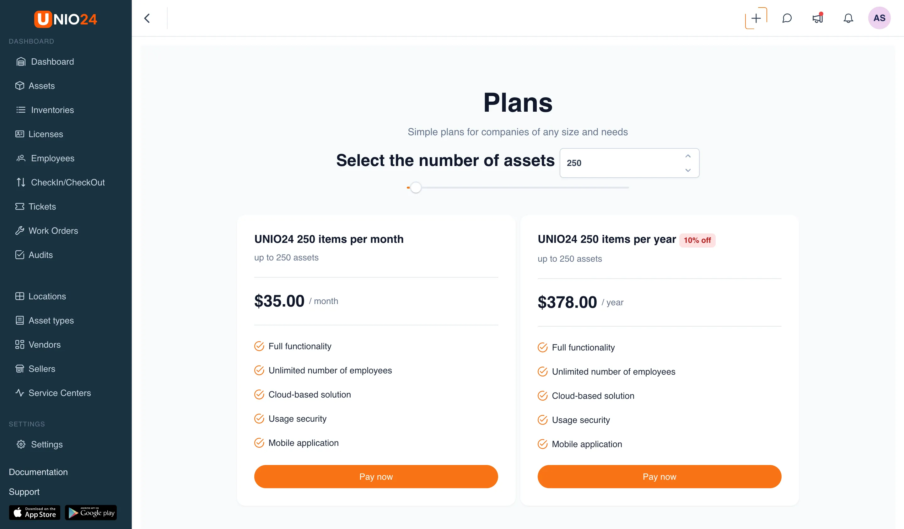 The "Plans" page: header with subheading, the "Select the number of assets" block with an input field and slider, below it the plan cards (monthly and yearly with a "10% discount" label) with "Pay now" buttons