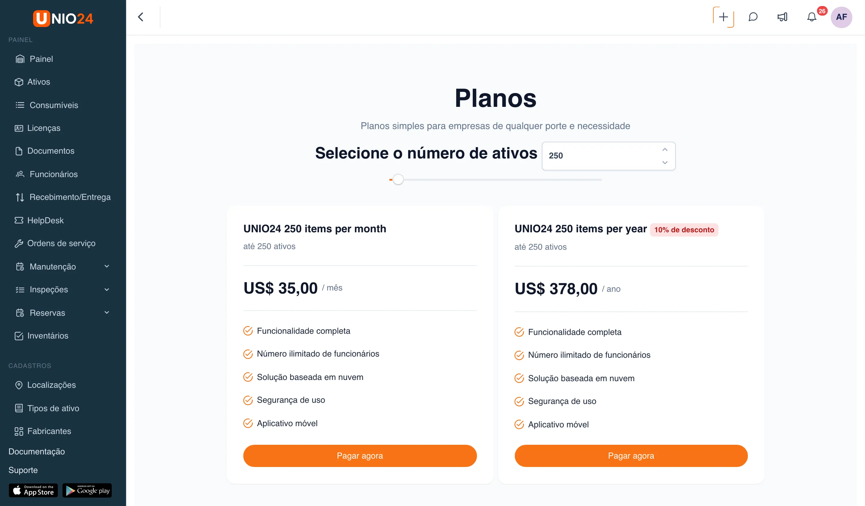 Página “Planos”: título com subtítulo, bloco “Selecione o número de ativos” com o campo e o controle deslizante e, abaixo, os cards dos planos (mensal e anual com a marca “10% de desconto”) com os botões “Pagar agora”