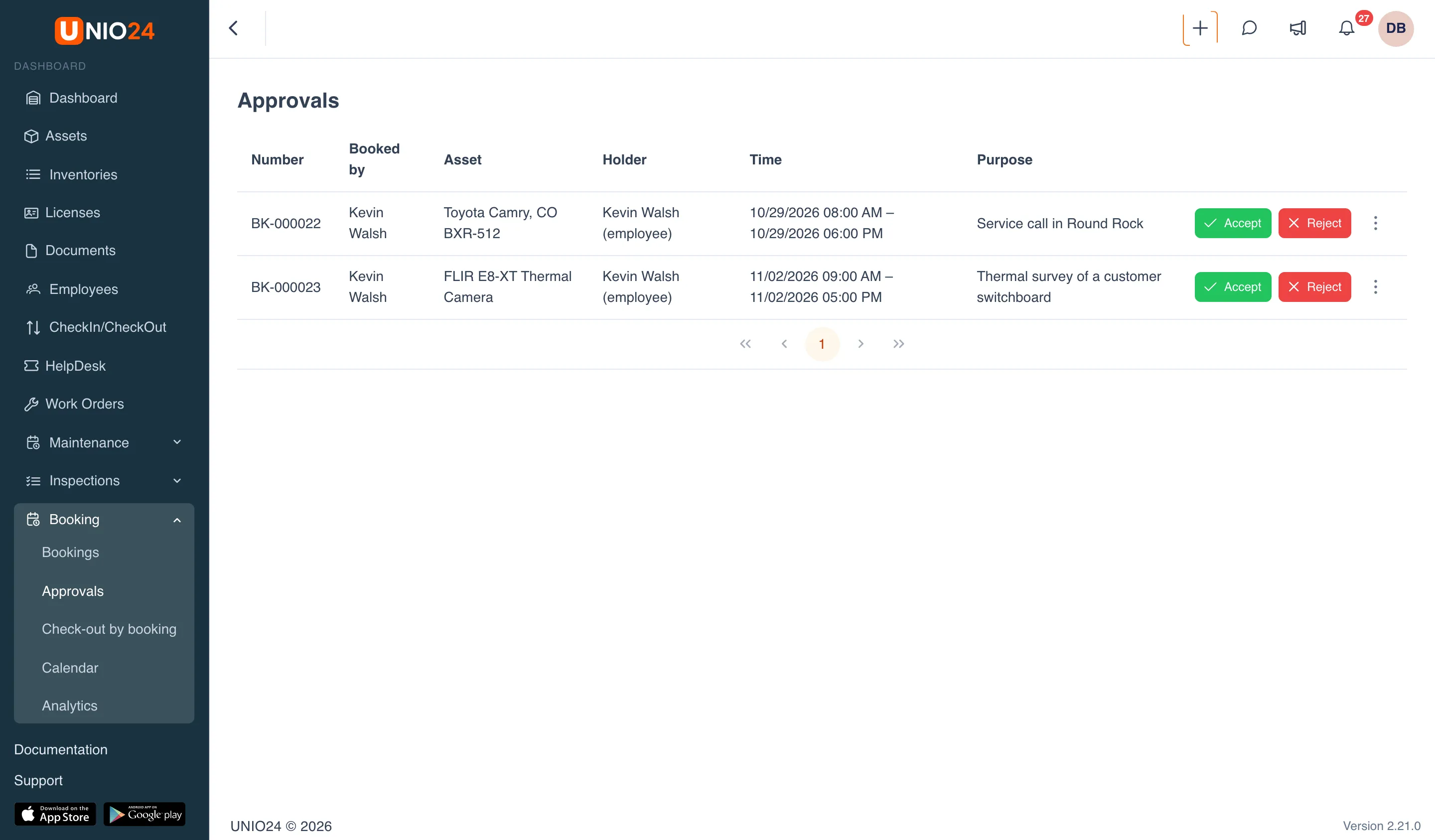 The Approvals page: a table of requests with the Number, Booked by, Asset, Holder, Time, and Purpose columns and Accept and Reject buttons in each row