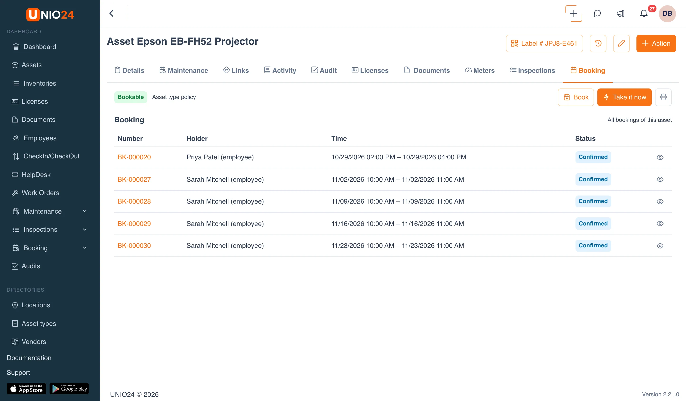 The Booking tab of the Epson EB-FH52 Projector asset card: the Bookable tag with “Asset type policy”, the Book and Take it now buttons and the availability settings button, and a table of the asset’s bookings with the Confirmed status