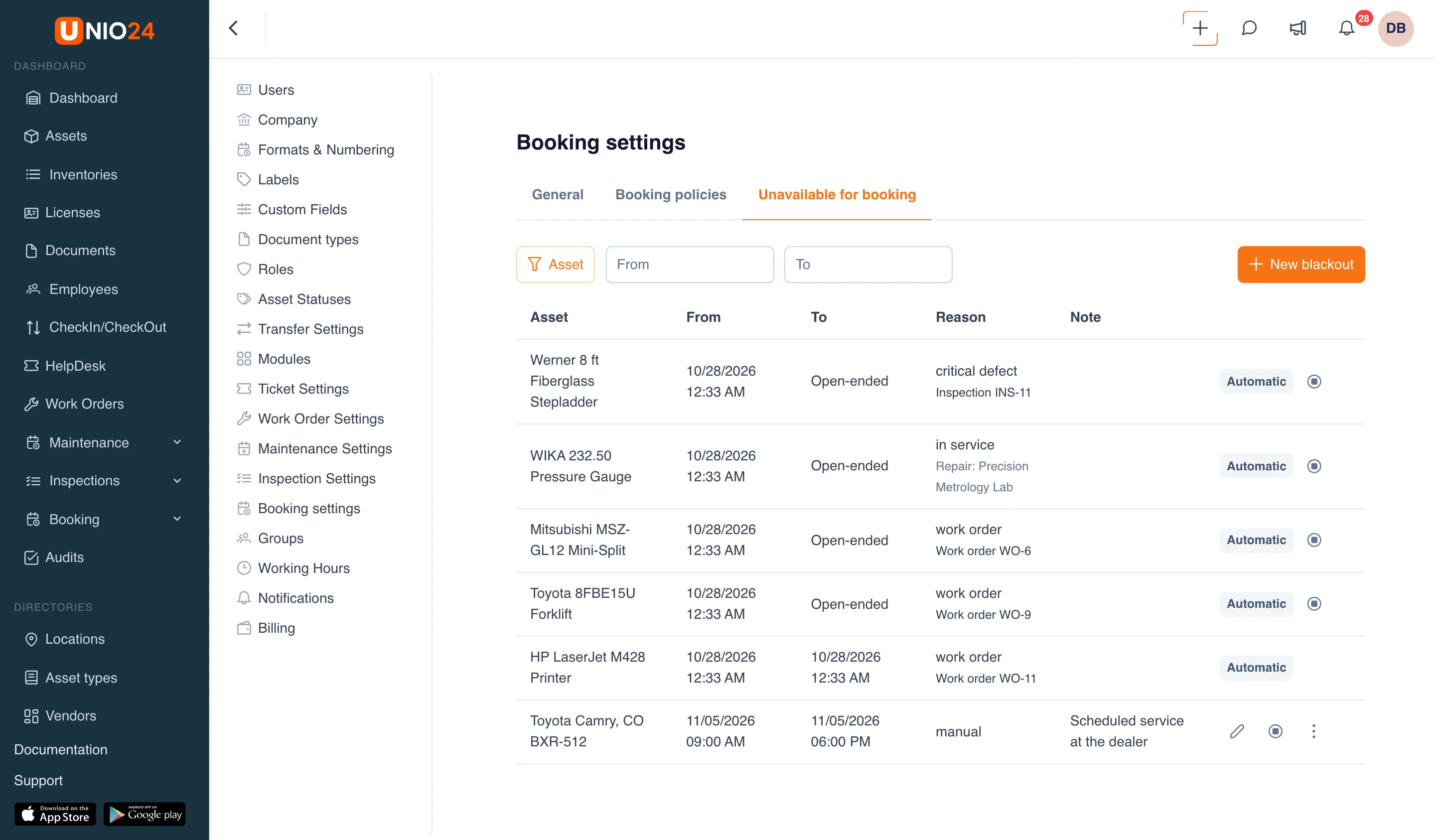 The Unavailable for booking tab: Asset, From, and To filters, the New blackout button, and a table of blackouts: automatic ones (a critical inspection defect, a repair, and work orders) marked Automatic, and a manual one for the Toyota Camry with Edit and Close now actions and a three-dot menu