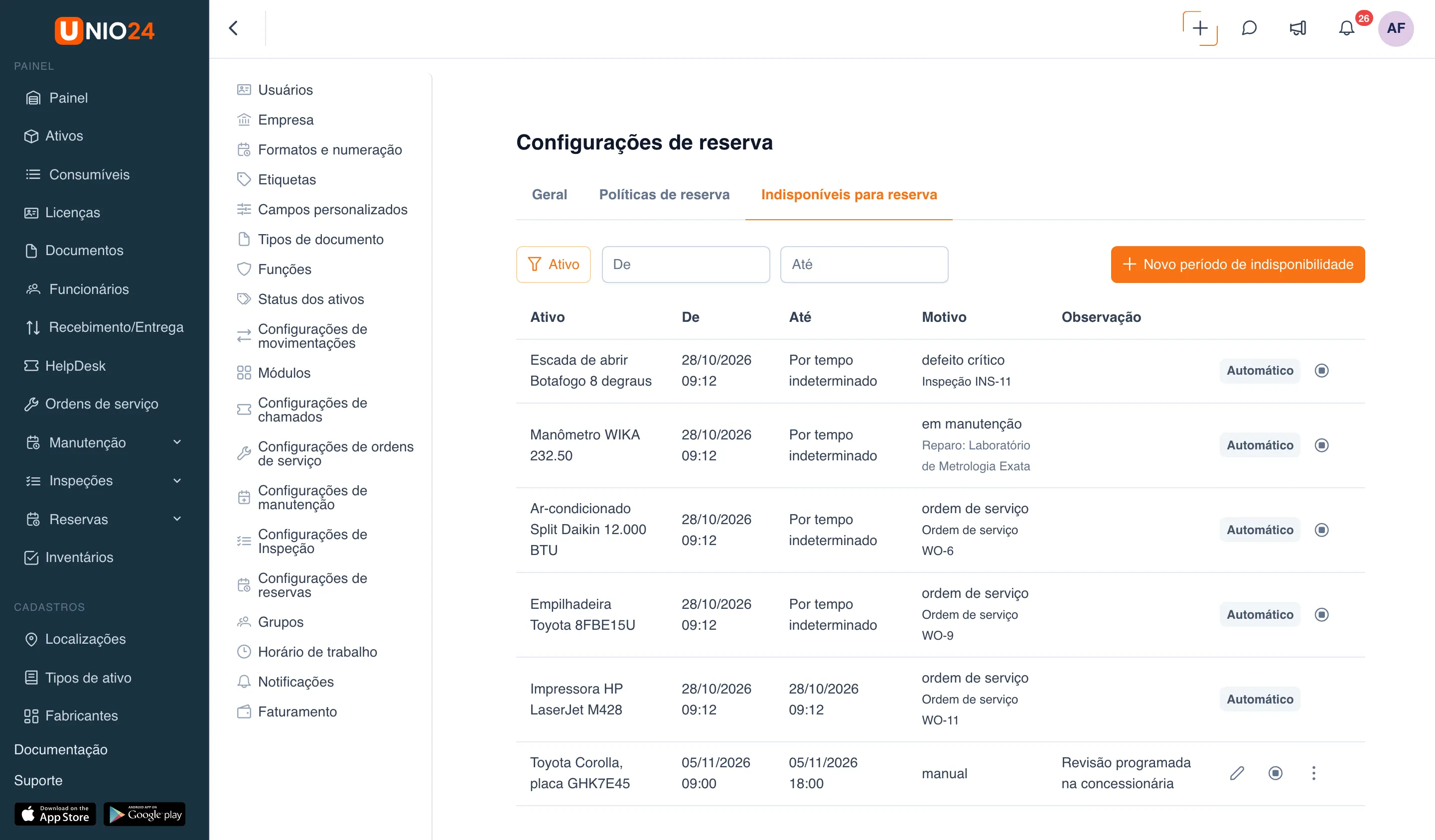 Aba “Indisponíveis para reserva”: filtros “Ativo”, “De”, “Até”, botão “Novo período de indisponibilidade” e a tabela de períodos: os automáticos (defeito crítico de inspeção, reparo, ordem de serviço) com a etiqueta “Automático” e um manual do Toyota Corolla com a observação “Revisão programada na concessionária” e as ações de editar, encerrar agora e o menu de três pontos