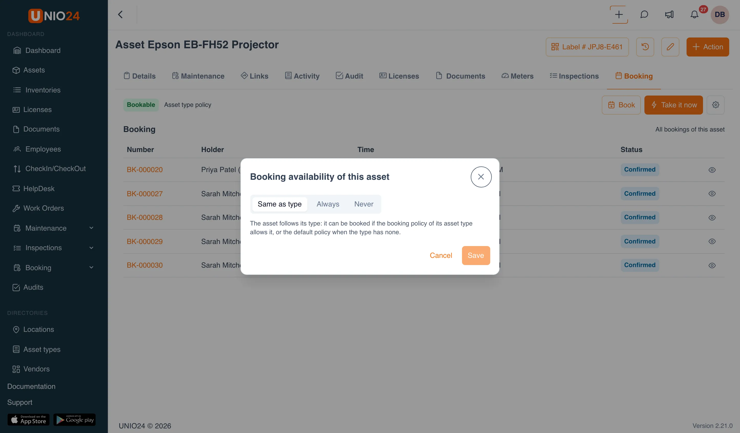 The Booking availability of this asset window on a projector’s card: the Same as type | Always | Never switch with an explanation of the selected option, and Cancel and Save buttons