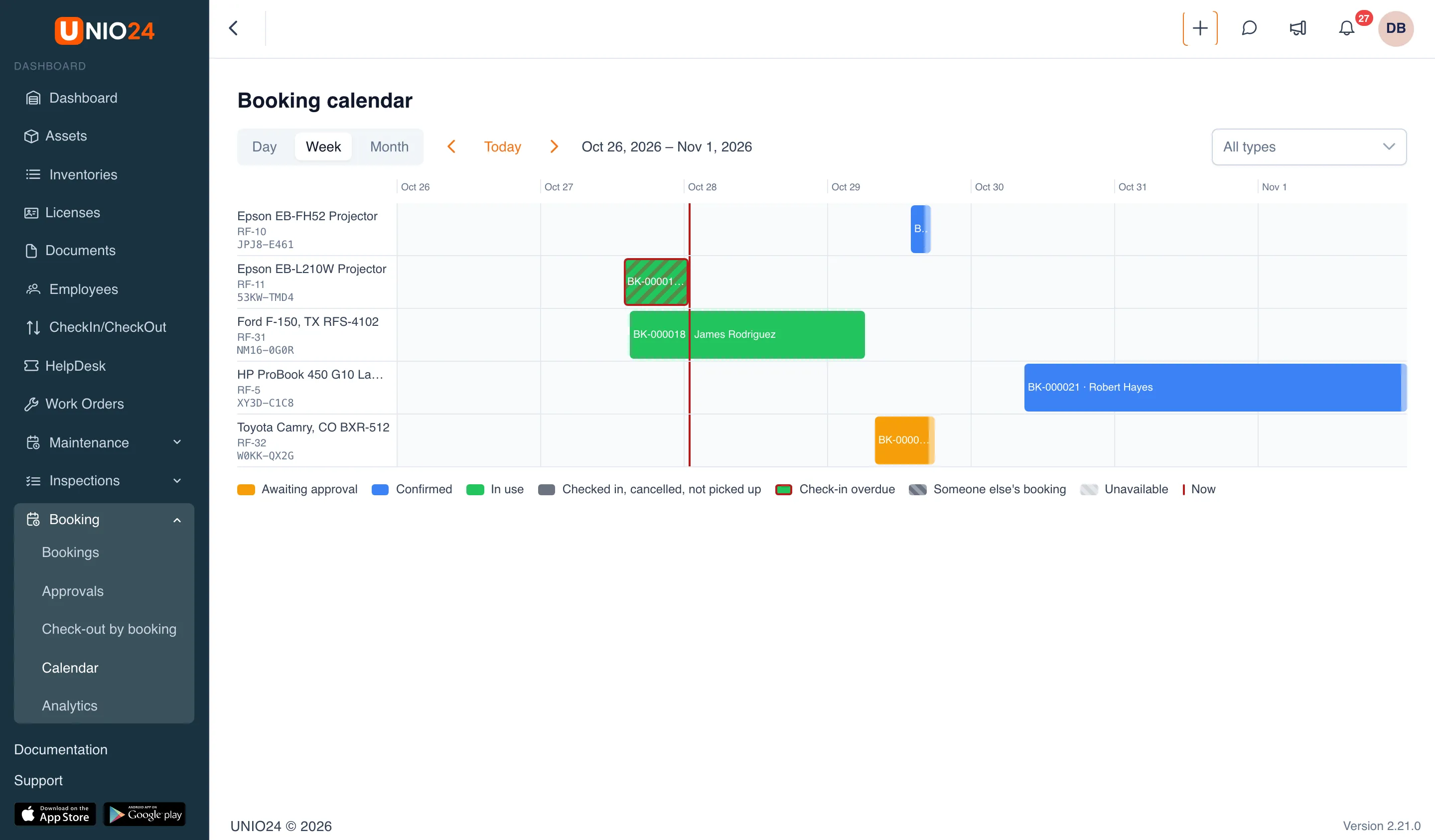 The Booking calendar page in the Week view: asset lanes with bookings in different colors, a red line marking the current moment, and a status legend at the bottom